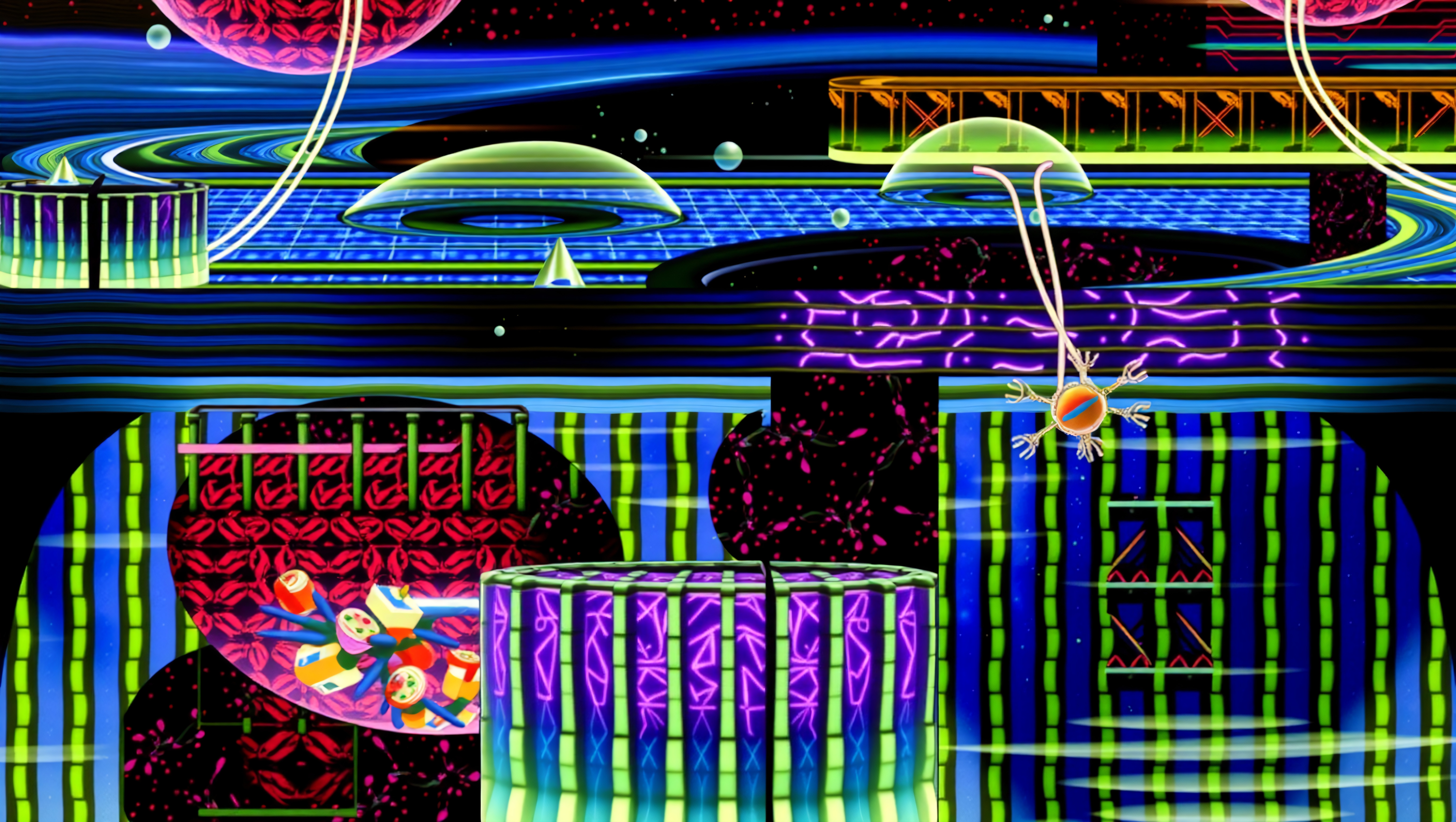 Futuristic neon cityscape with geometric shapes.