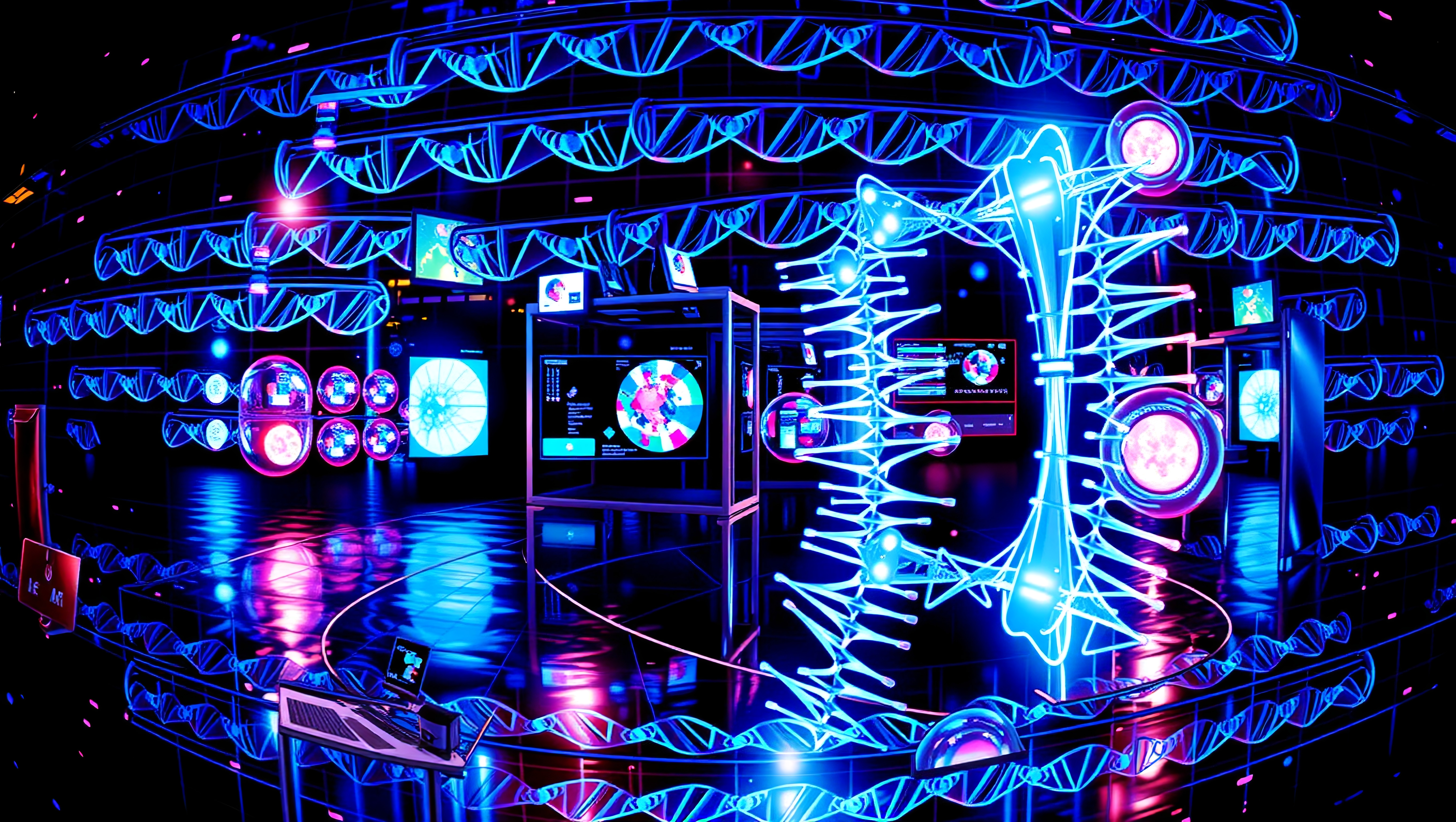 Futuristic lab with glowing DNA, digital displays, and neon ambiance.