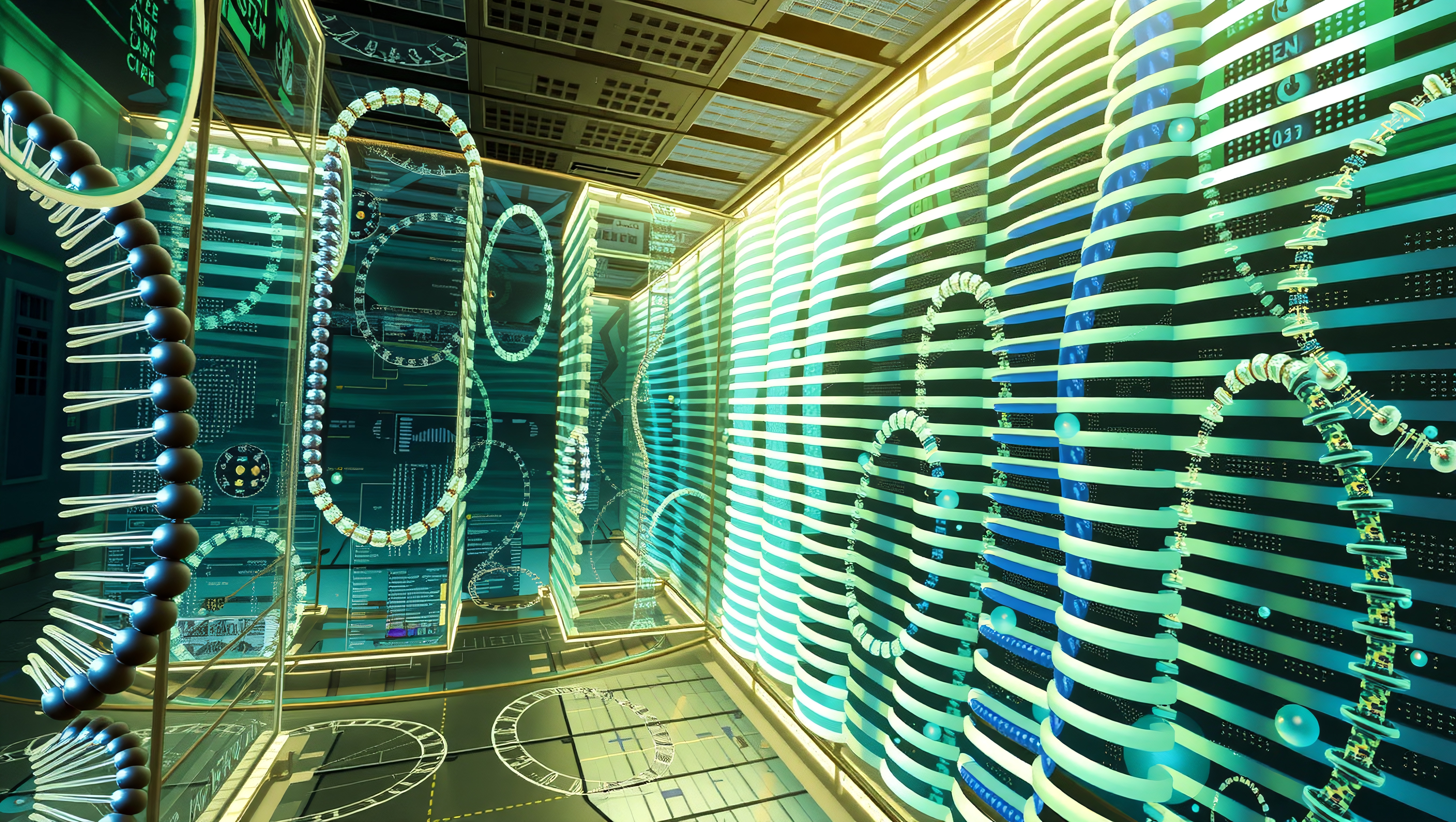 Futuristic room with neon DNA patterns and high-tech elements.