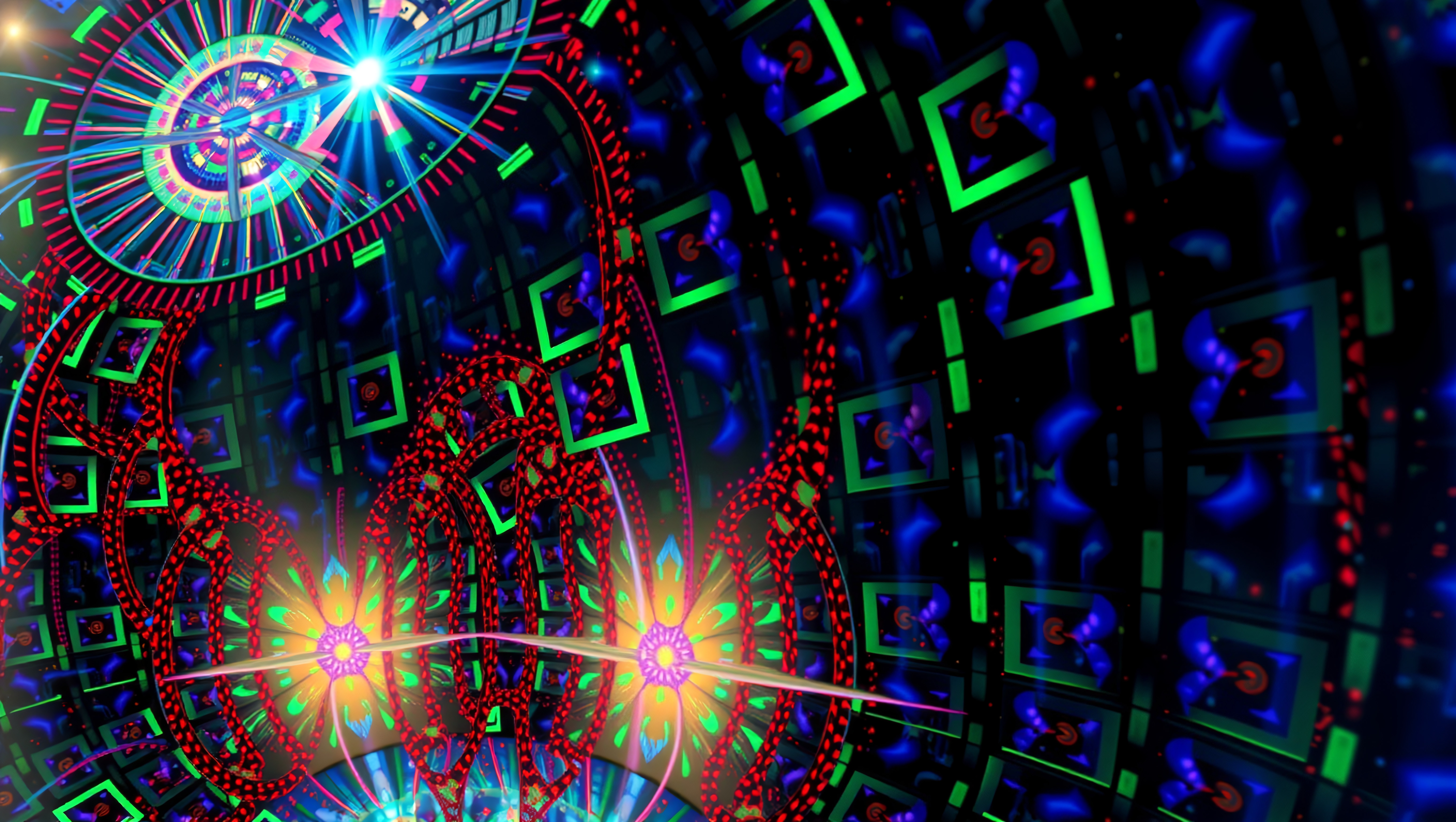 A vibrant digital fractal design with bright geometric patterns and a dynamic mix of neon colors.