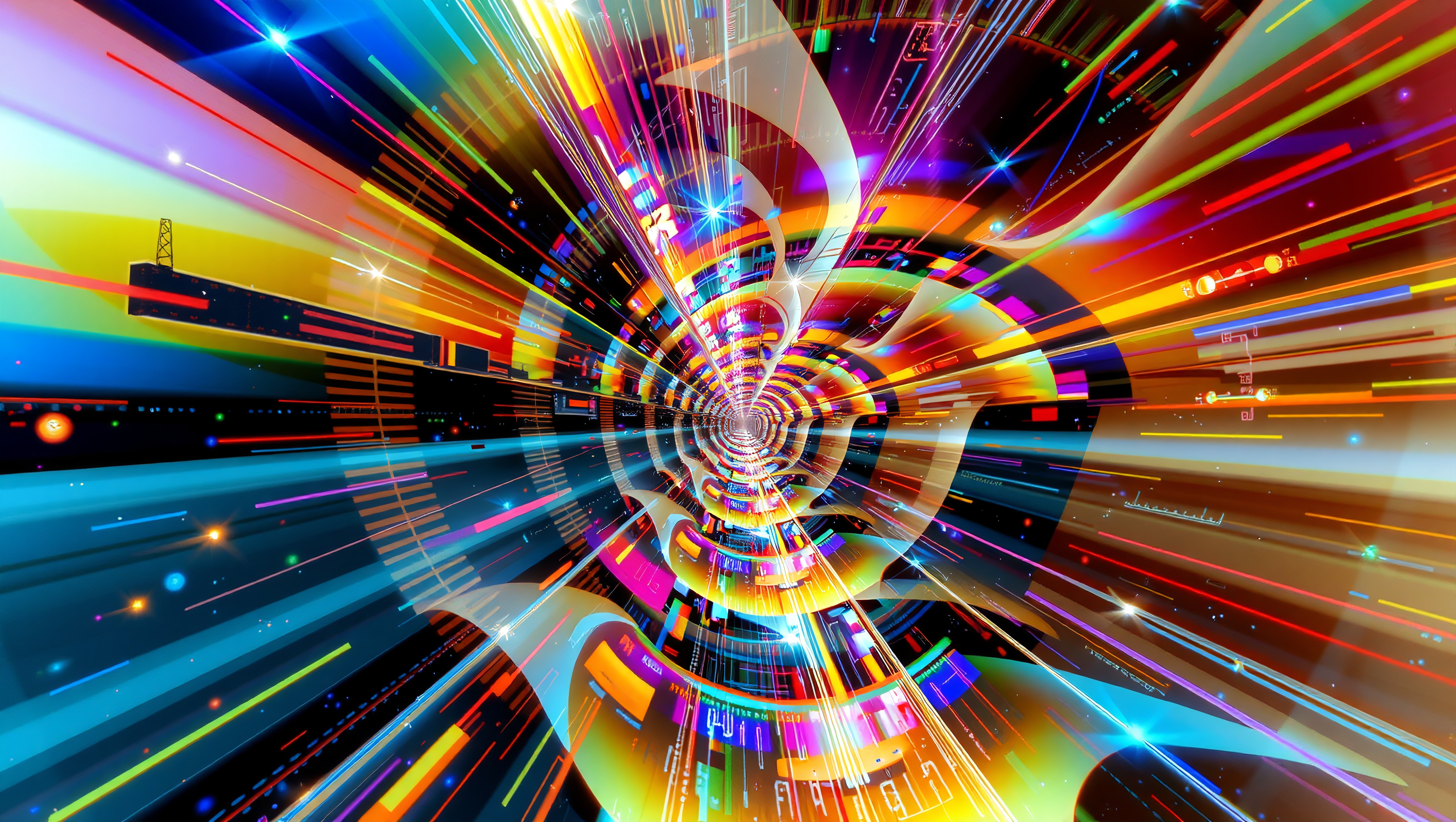 Futuristic digital tunnel with neon colors.