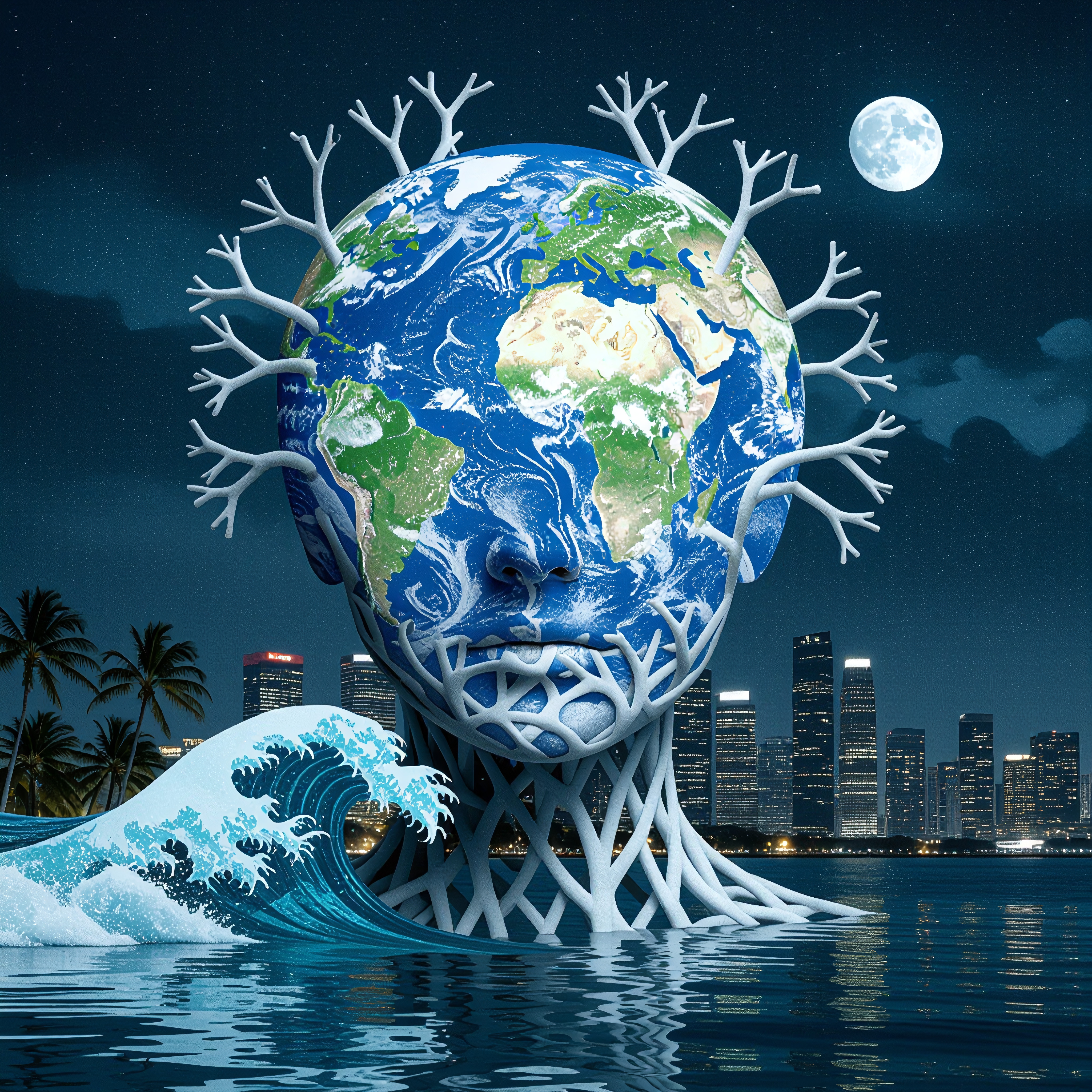 Surreal image of Earth as a human head surrounded by nature, ocean, and city skyline.