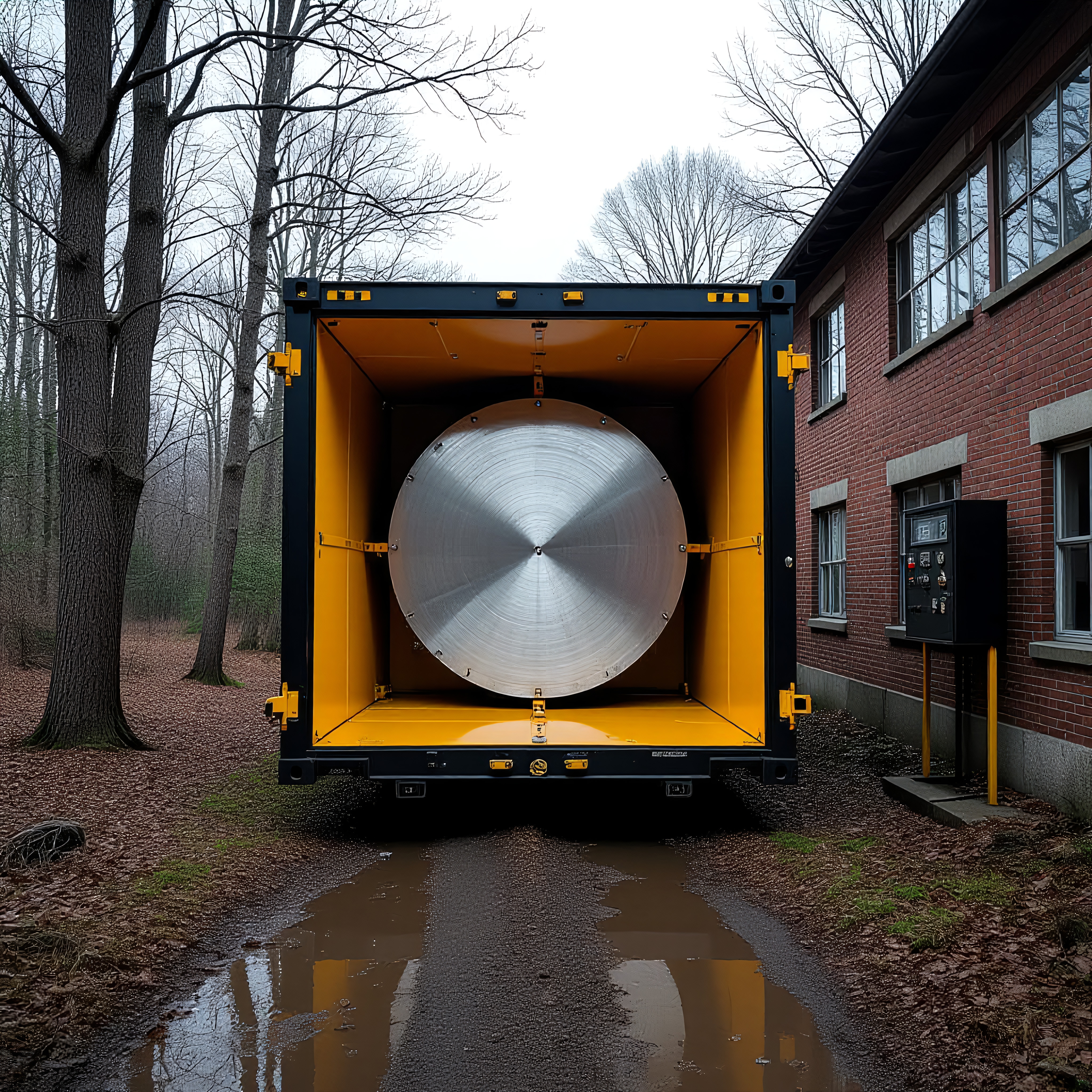 Open yellow shipping container holding a large metallic object amidst a wooded and industrial setting with a brick building.