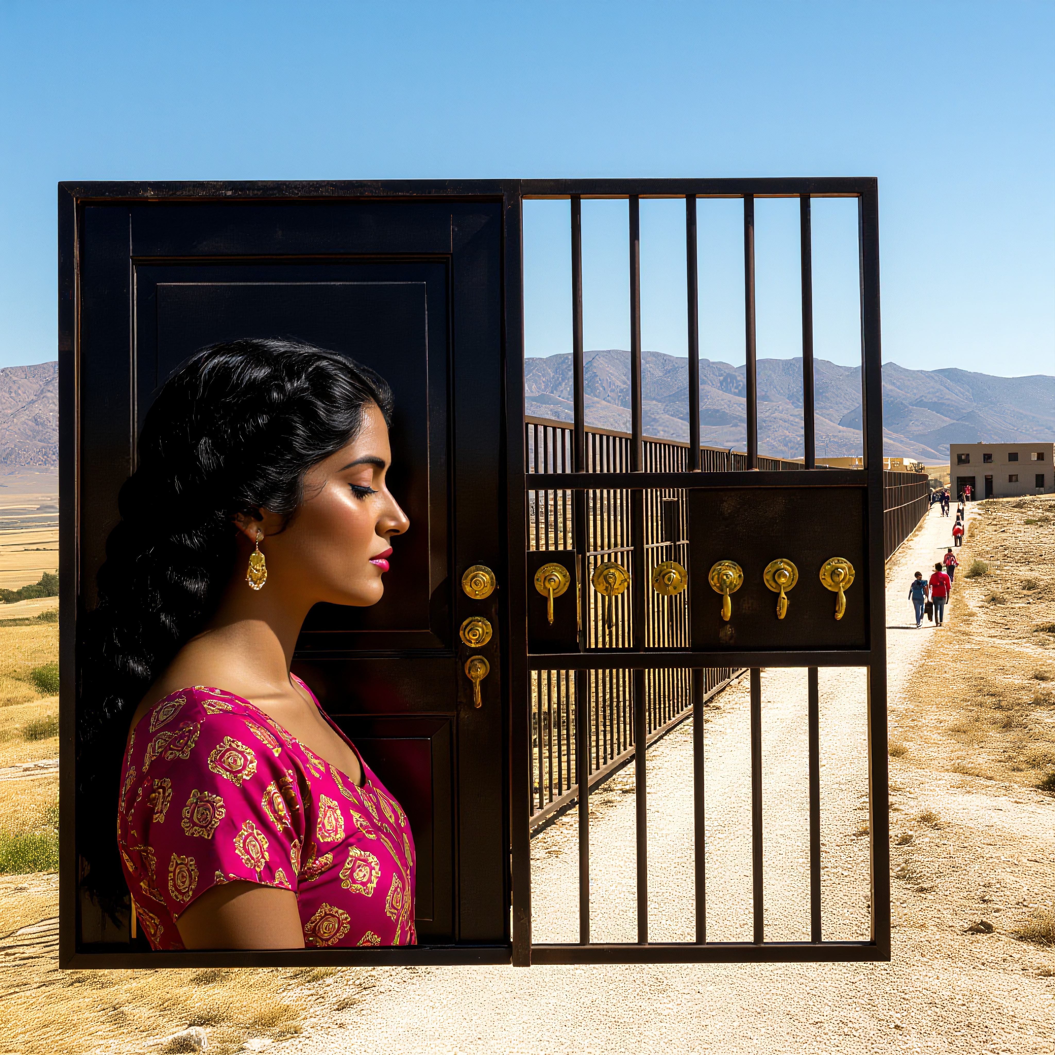 Elegant woman in pink dress stands integrated into ornate gate against a vast, mountainous landscape.