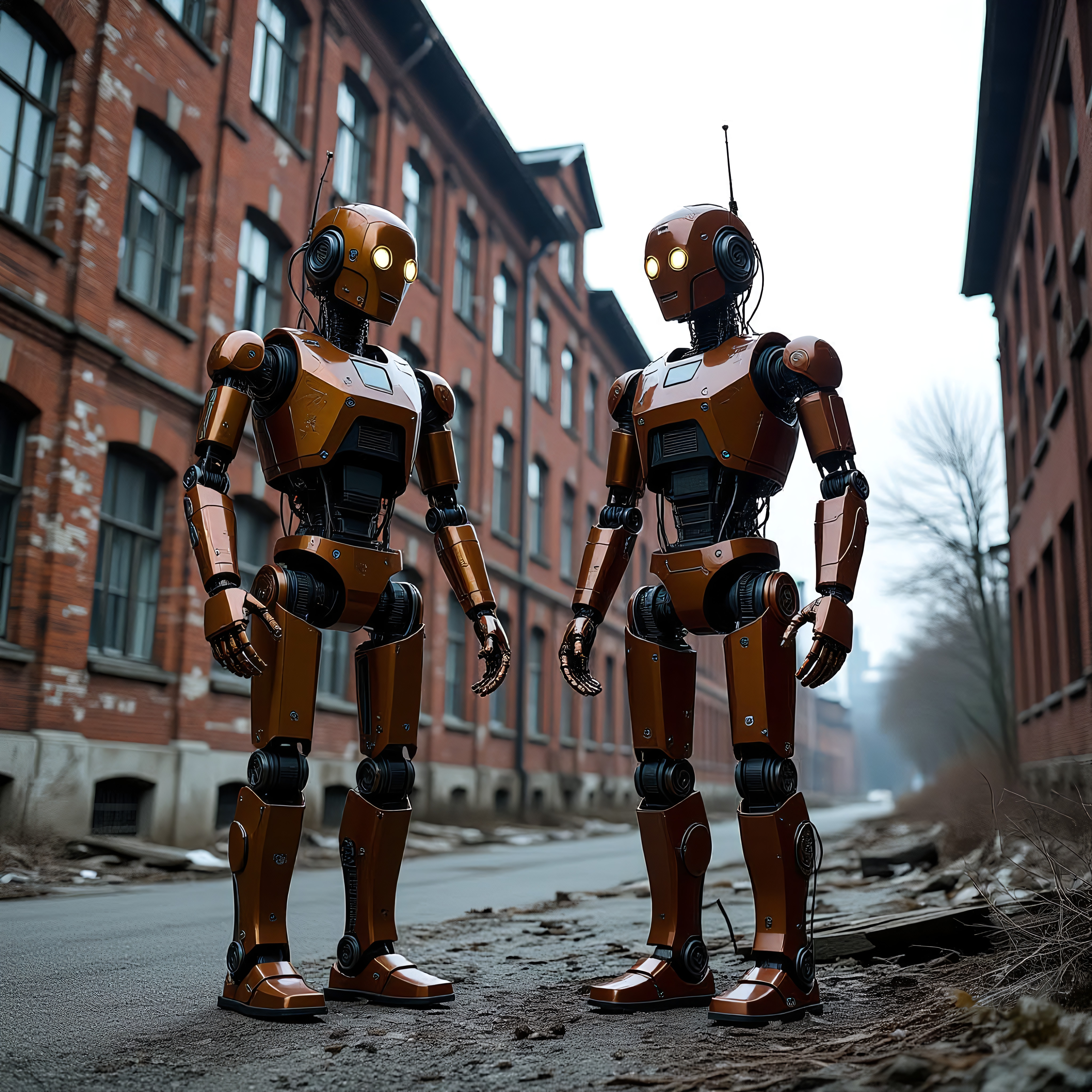 Two humanoid robots in an urban industrial setting with old brick buildings and a somber atmosphere.