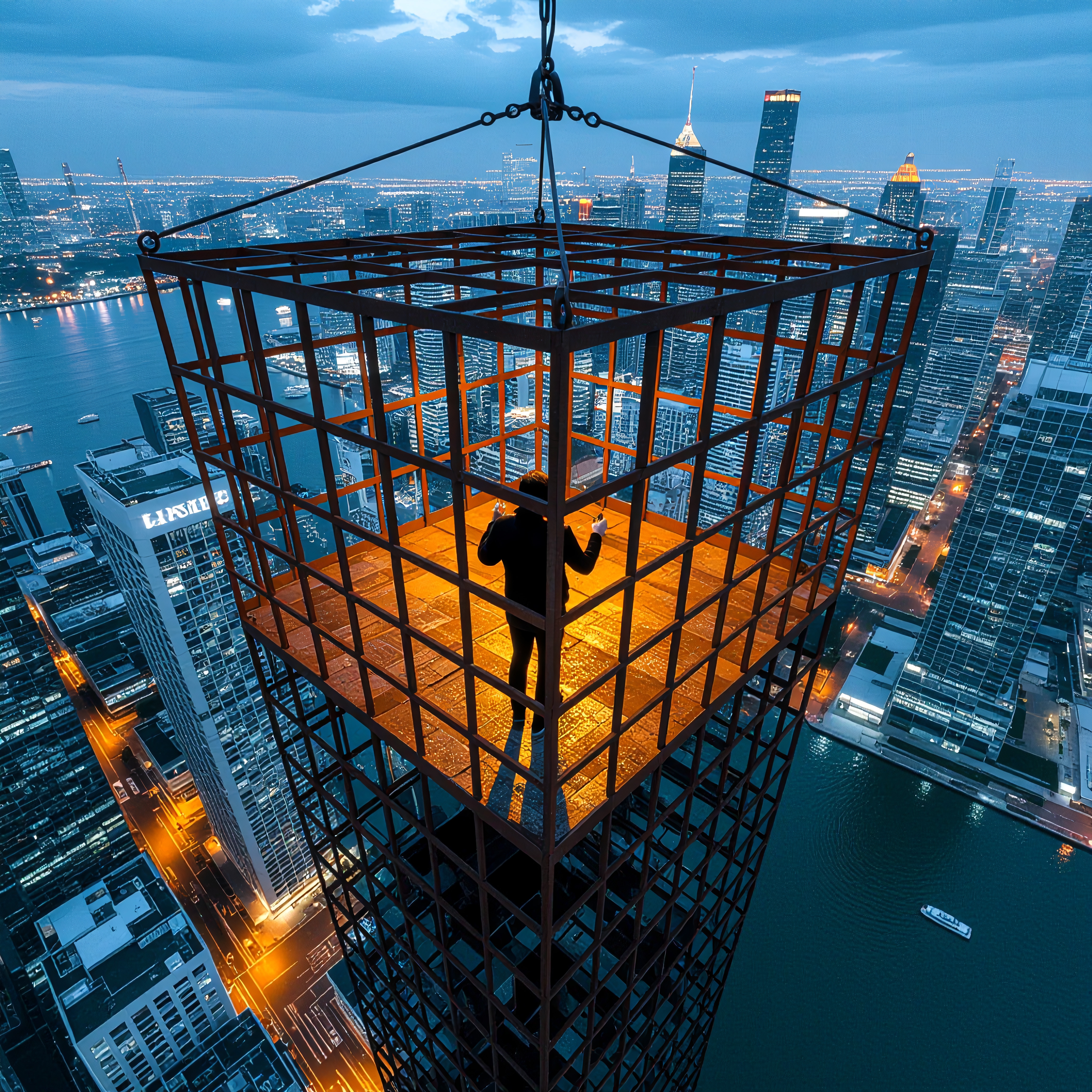 Silhouetted man in illuminated cage suspended high above bustling city skyline at twilight.