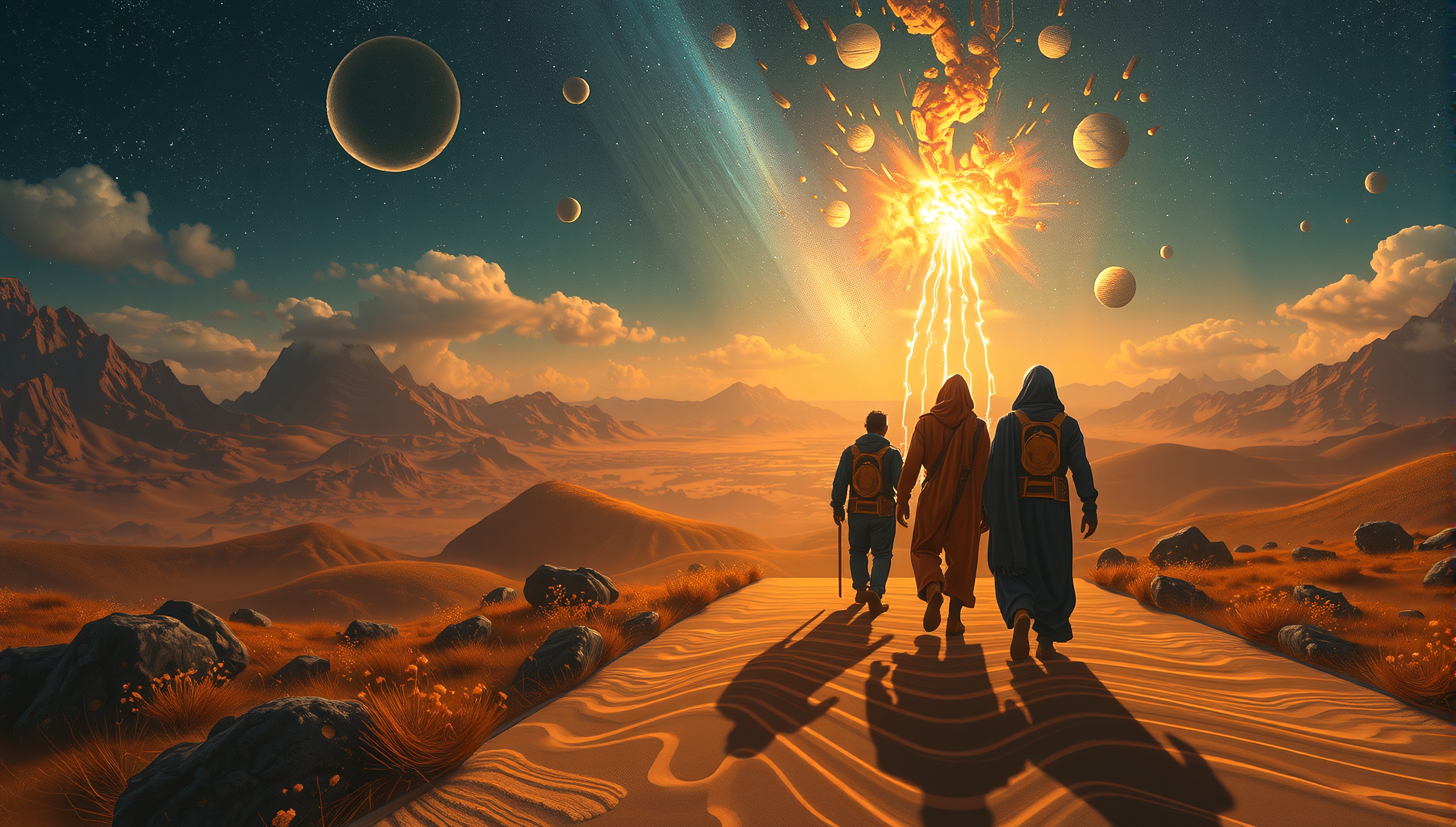 Three travelers in a desert, gazing at a cosmic event in a fantastical alien landscape.