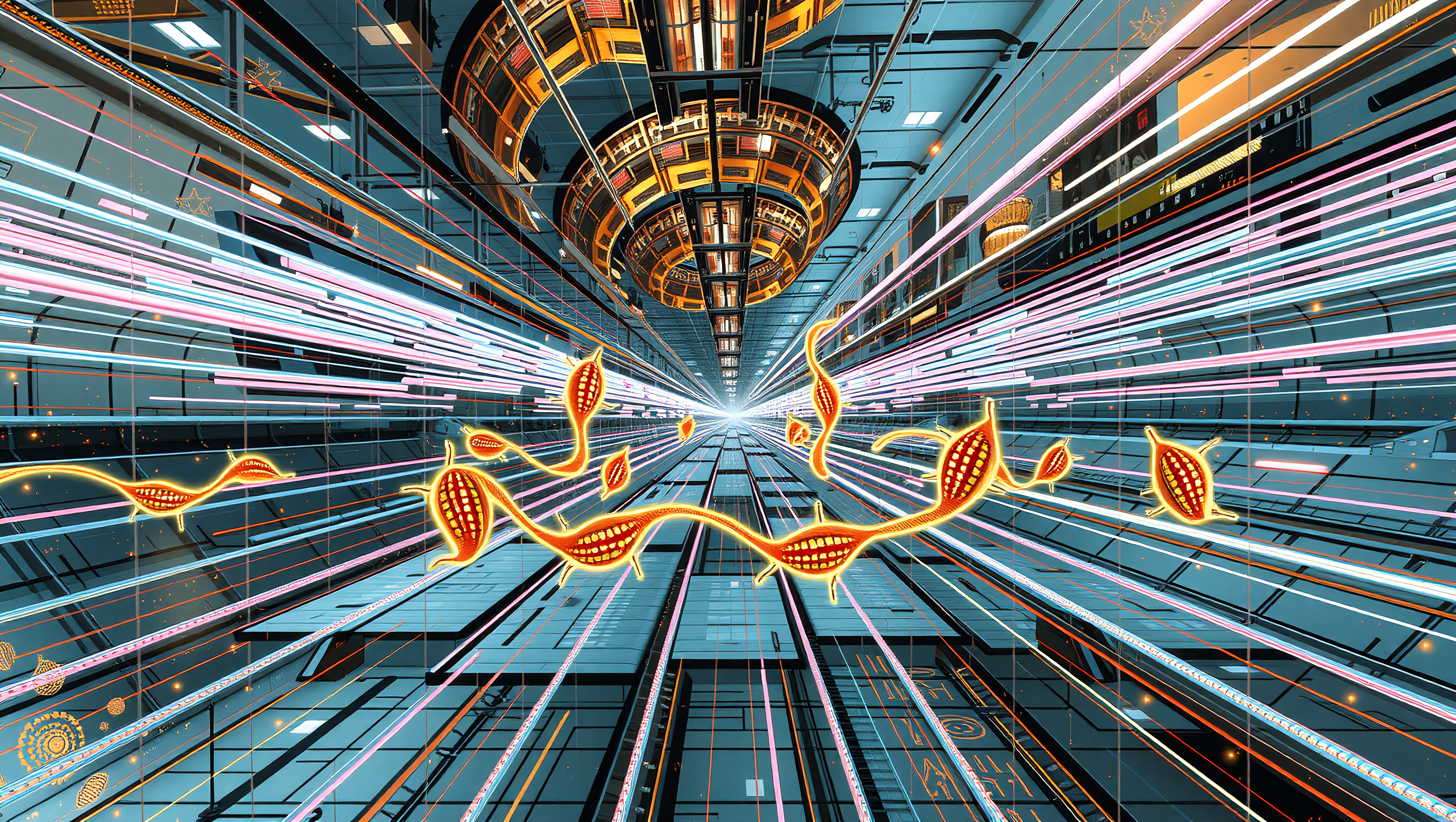 Futuristic Tech Corridor with Glowing Data Streams
