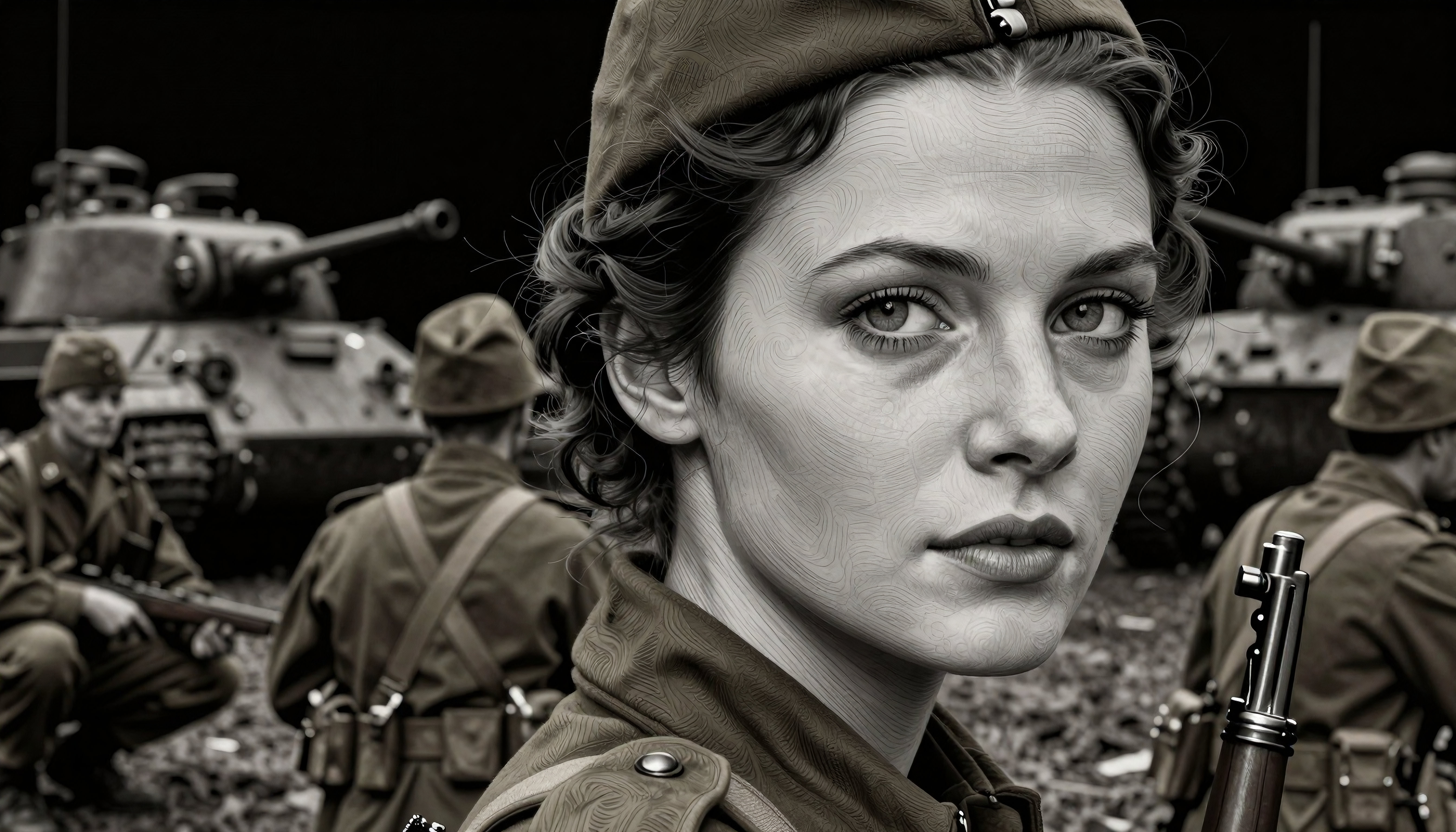 Woman soldier stares intensely amidst WWIII battle scene with tanks and comrades