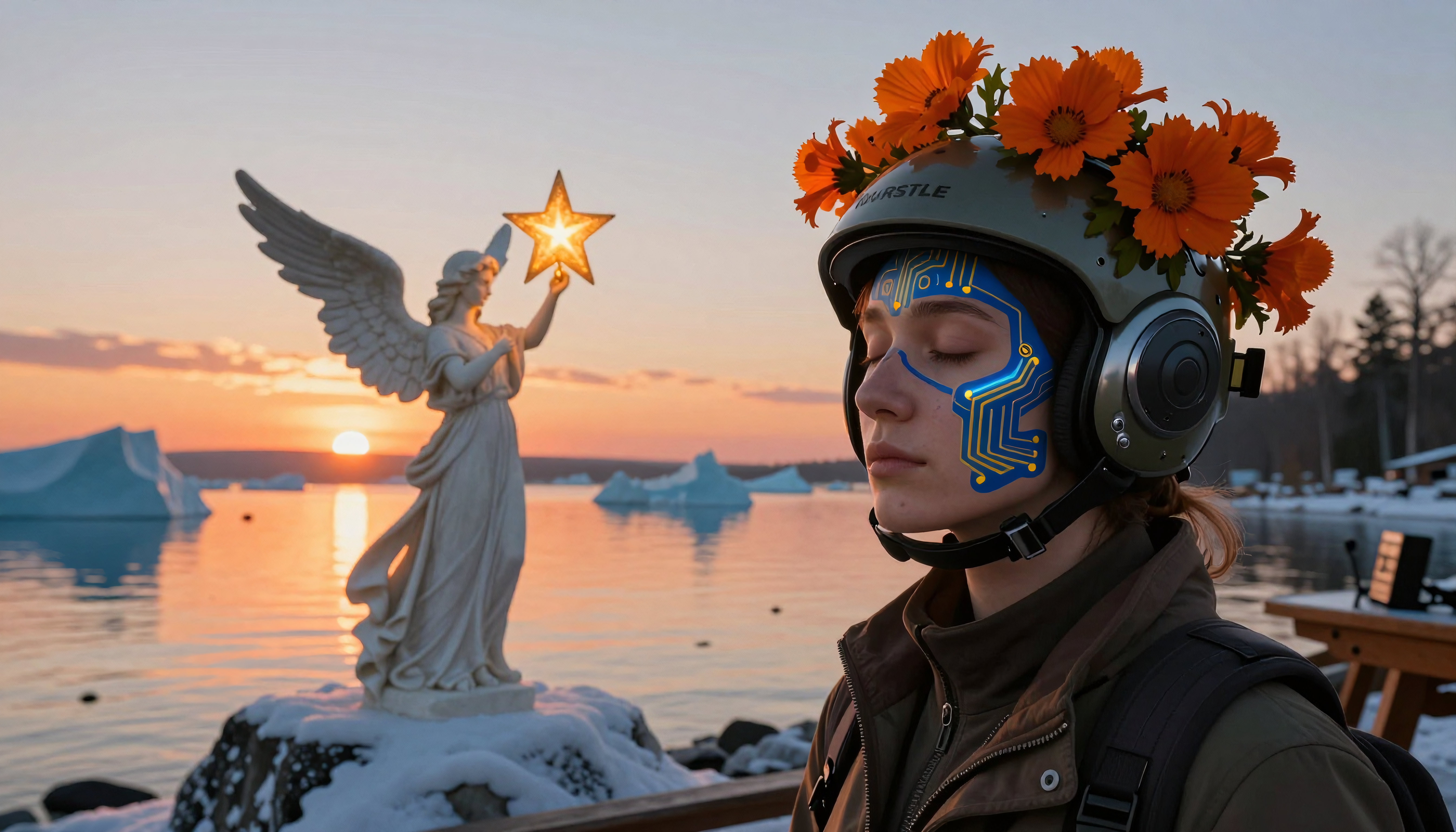 Futuristic girl with floral headgear meditating near angel statue during Arctic sunset