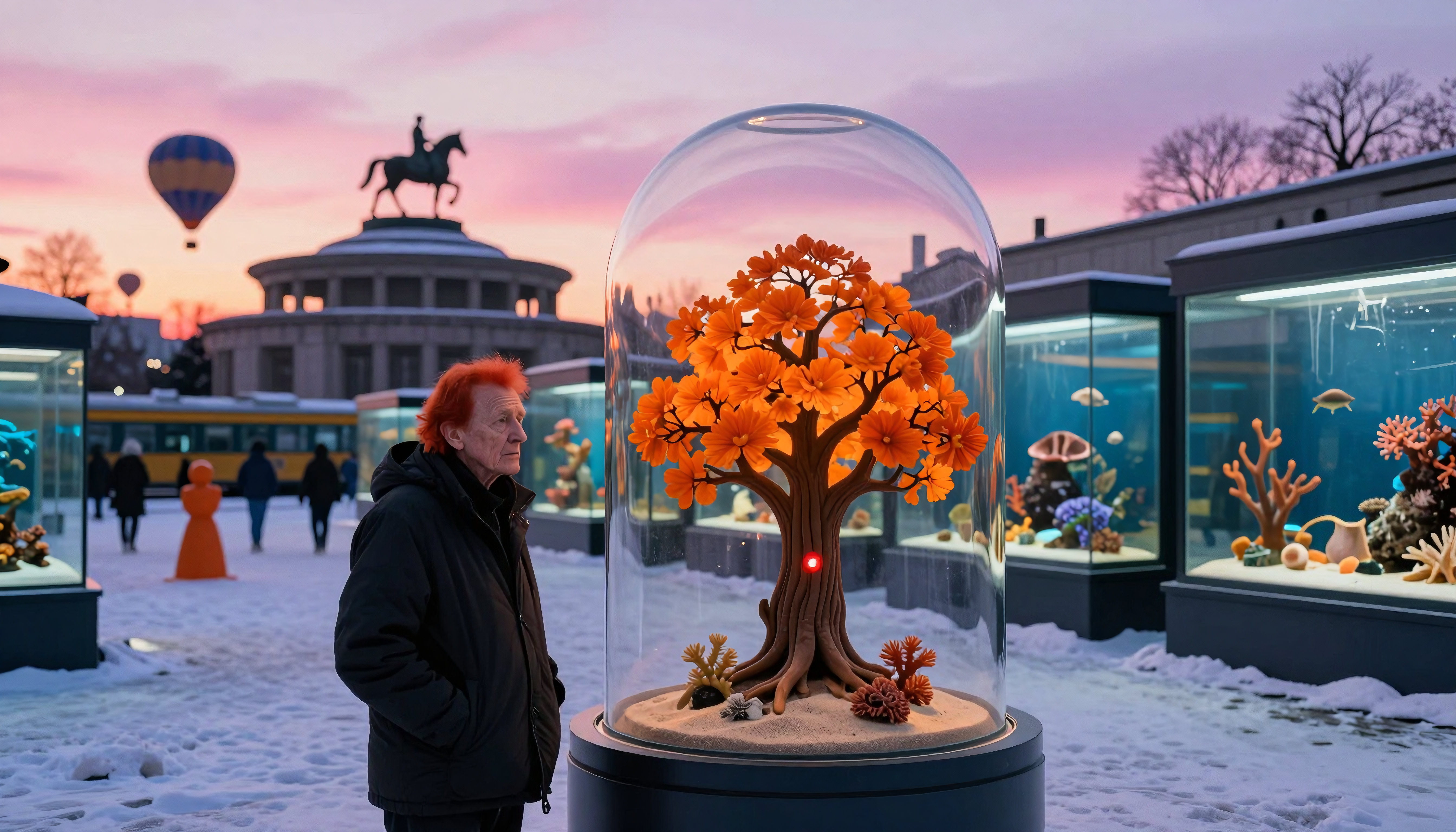 Man admiring glowing tree sculpture in snowy Berlin square during magical sunset