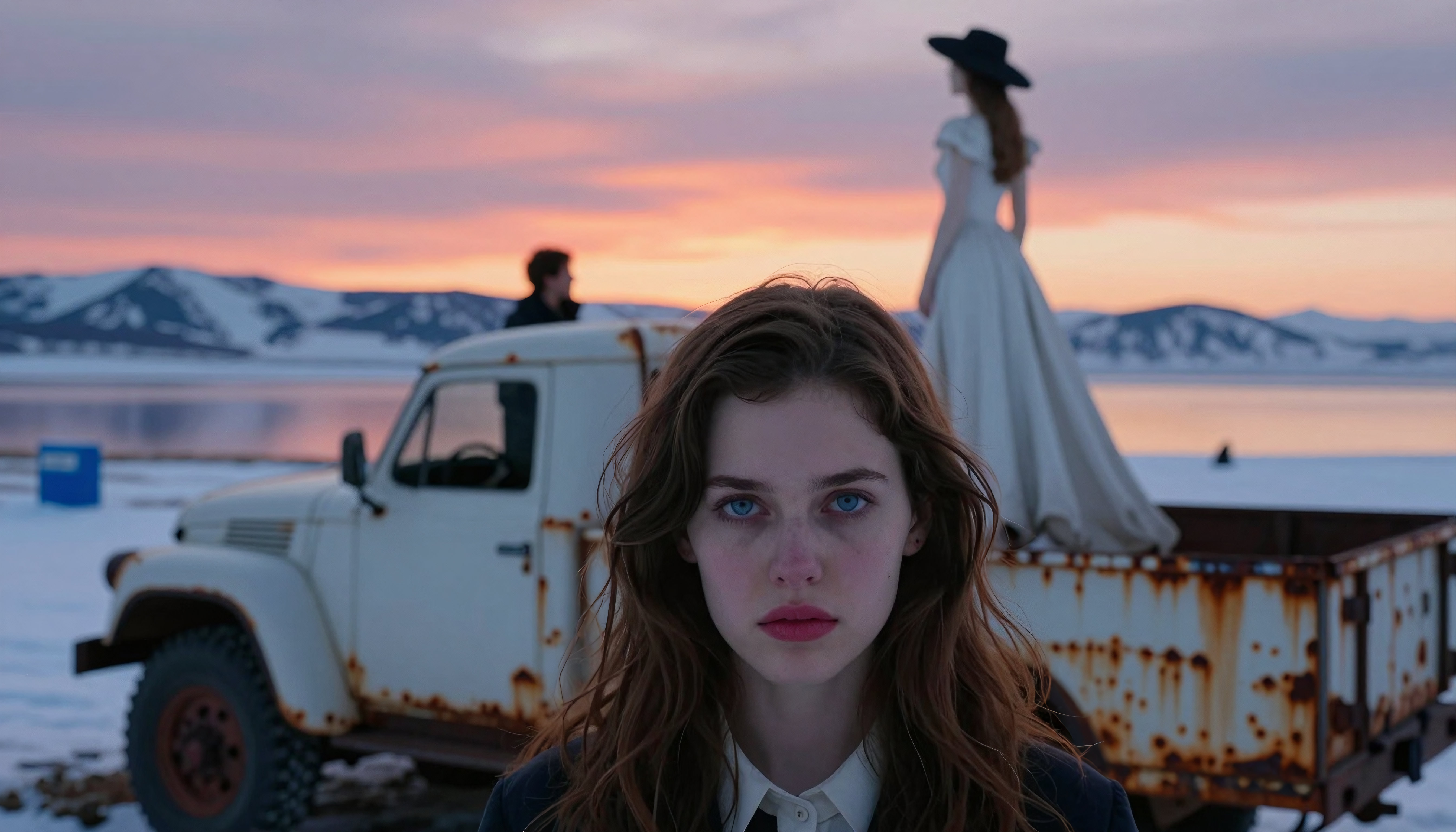 Woman with Vintage Truck and Serene Winter Landscape at Sunset