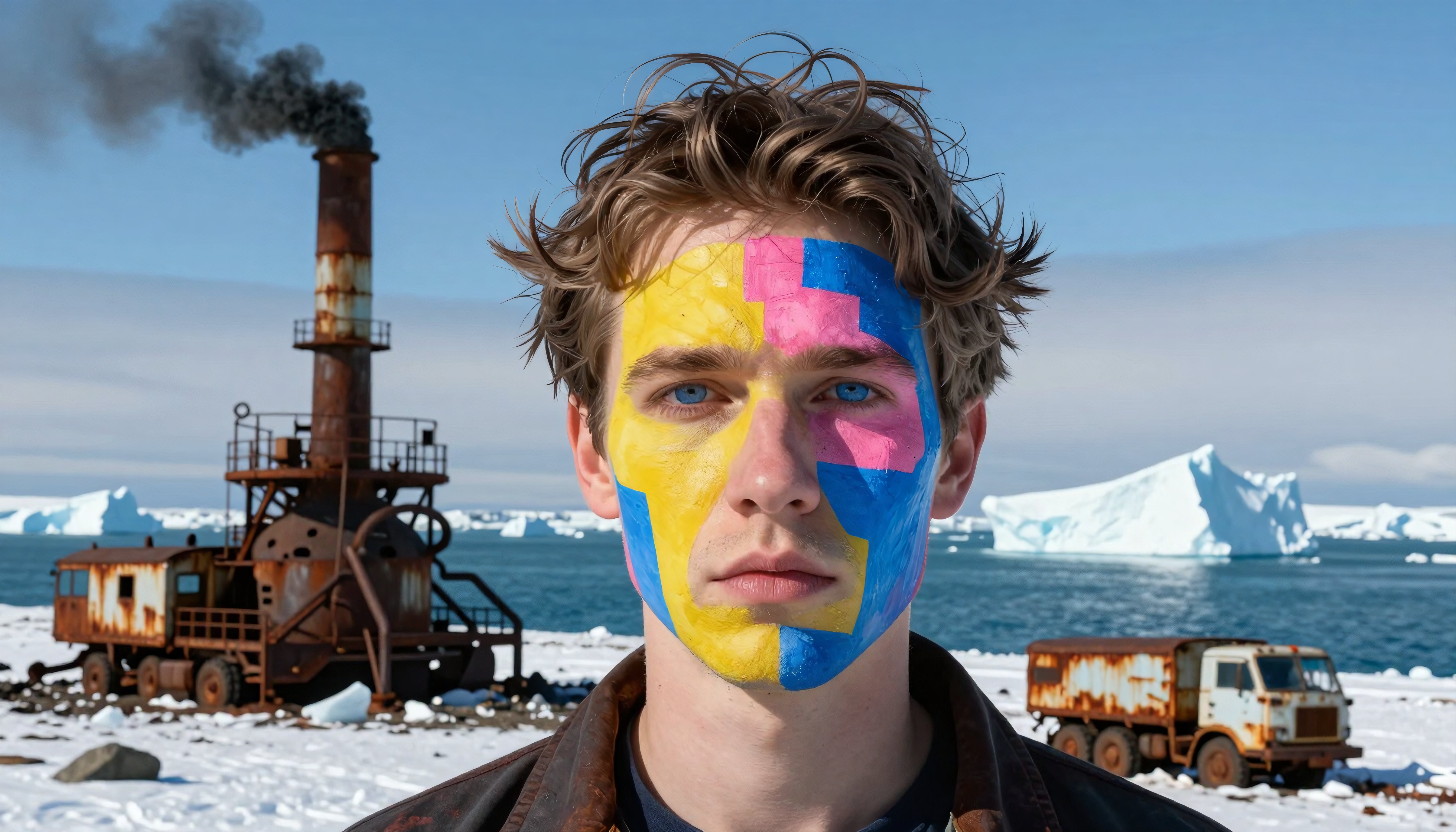 A young man with colorful face paint stands in a snowy, icy landscape with industrial ruins behind him, highlighting environmental themes.