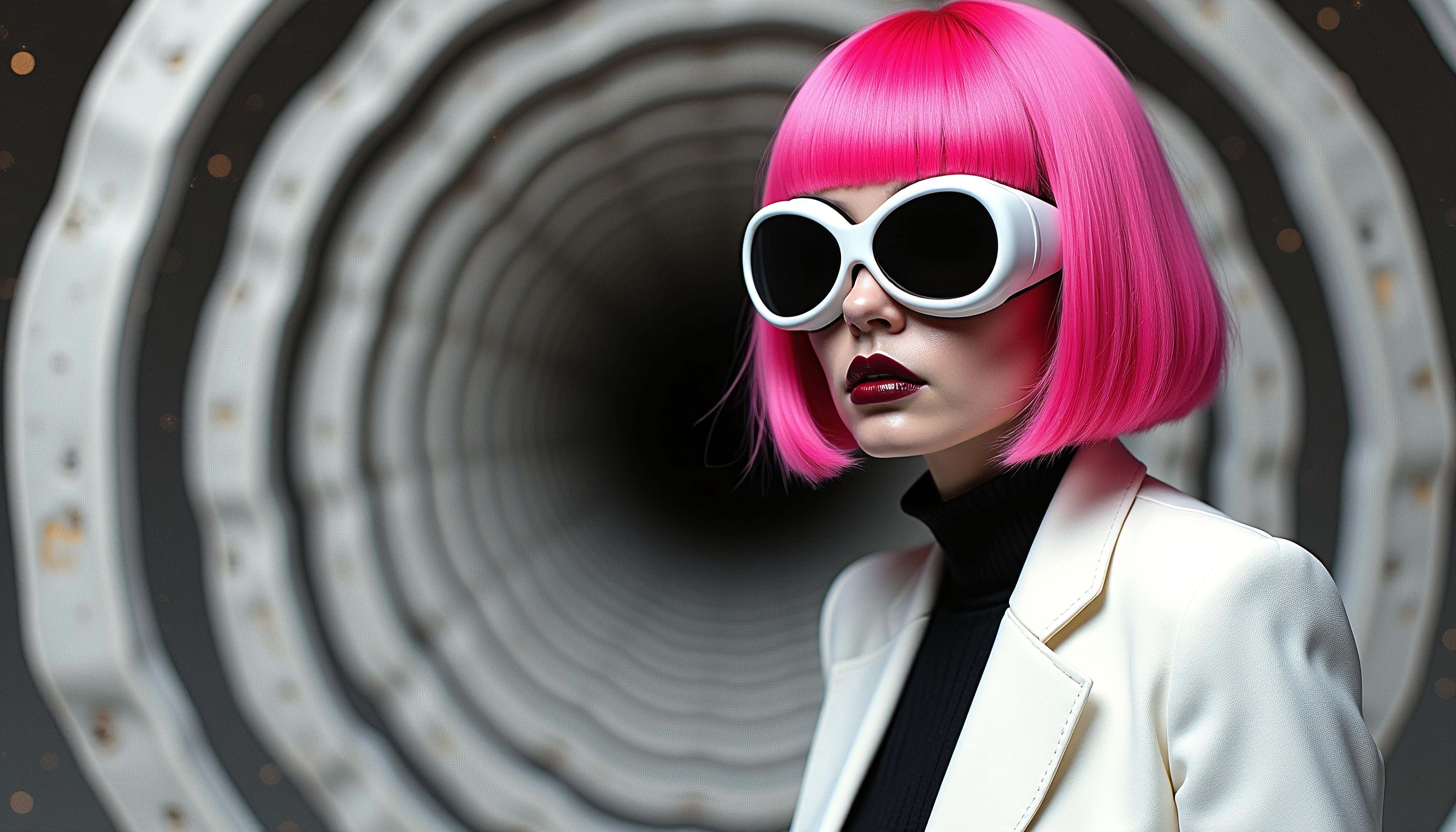Woman in futuristic fashion outfit with pink bob hair and oversized sunglasses.