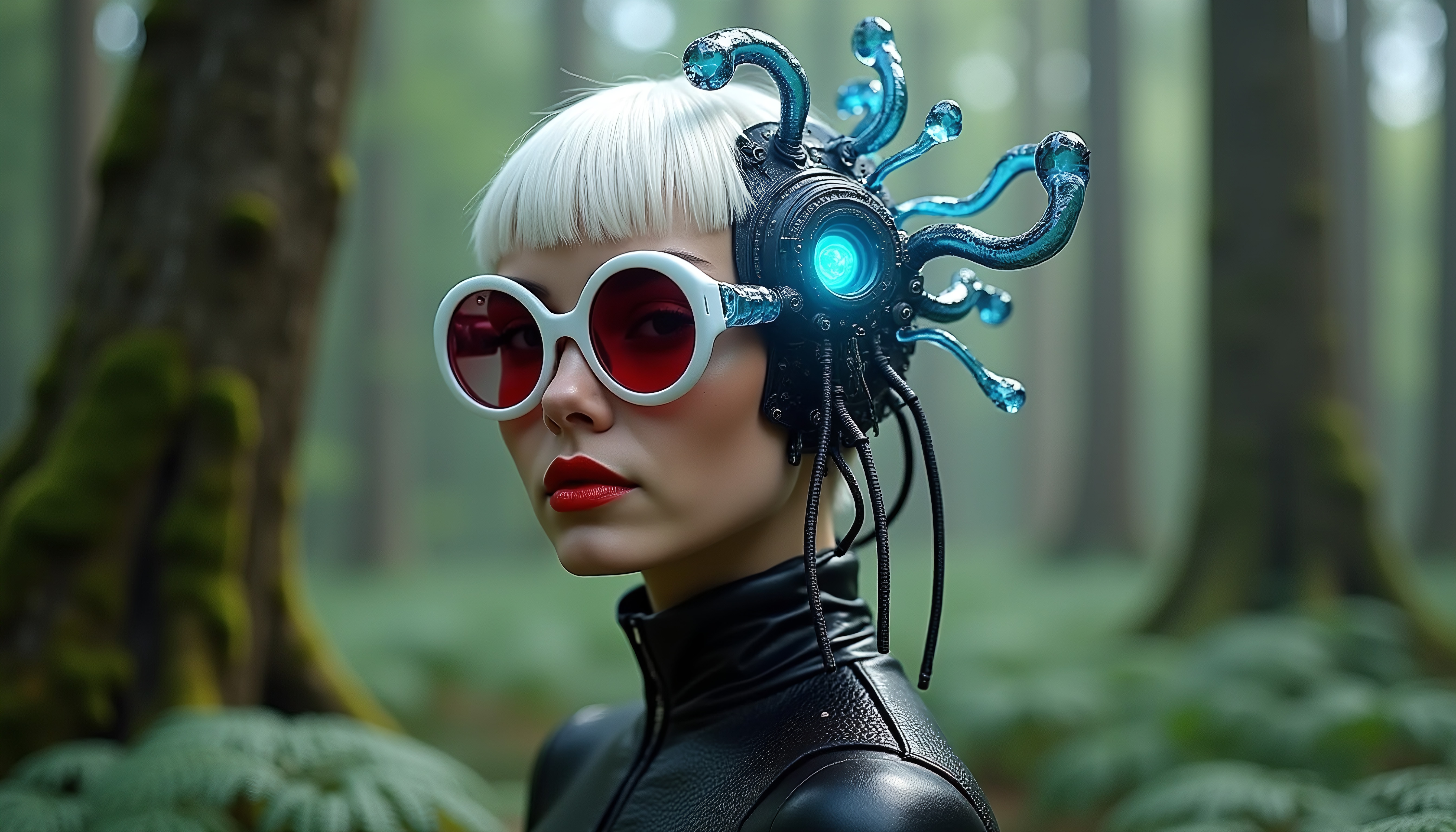 A futuristic woman in a forest wearing cybernetic headgear and retro sunglasses.