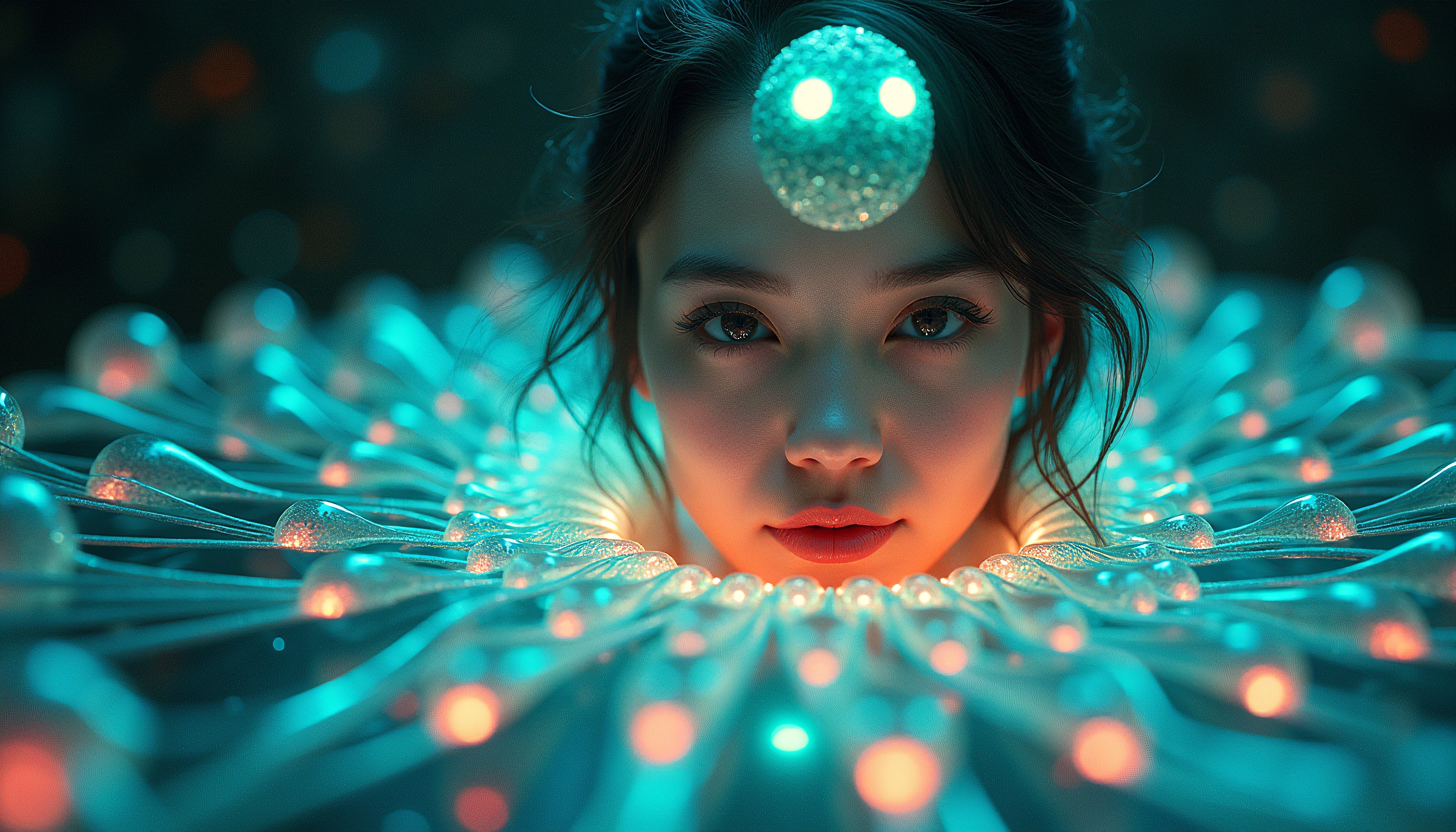 A young woman surrounded by glowing orbs, creating a dreamy, futuristic look.