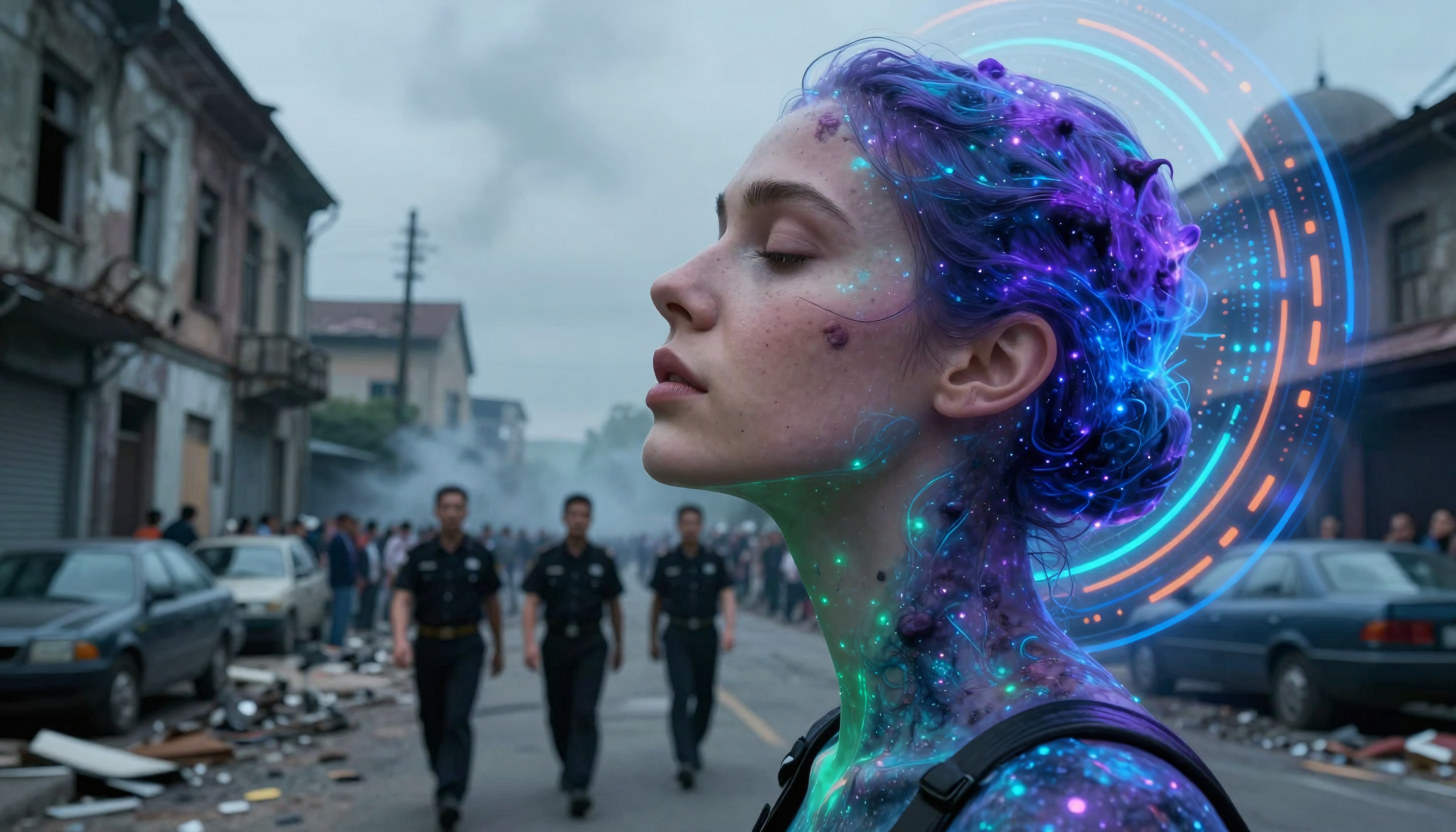 Futuristic woman with cosmic features standing in an urban street environment.