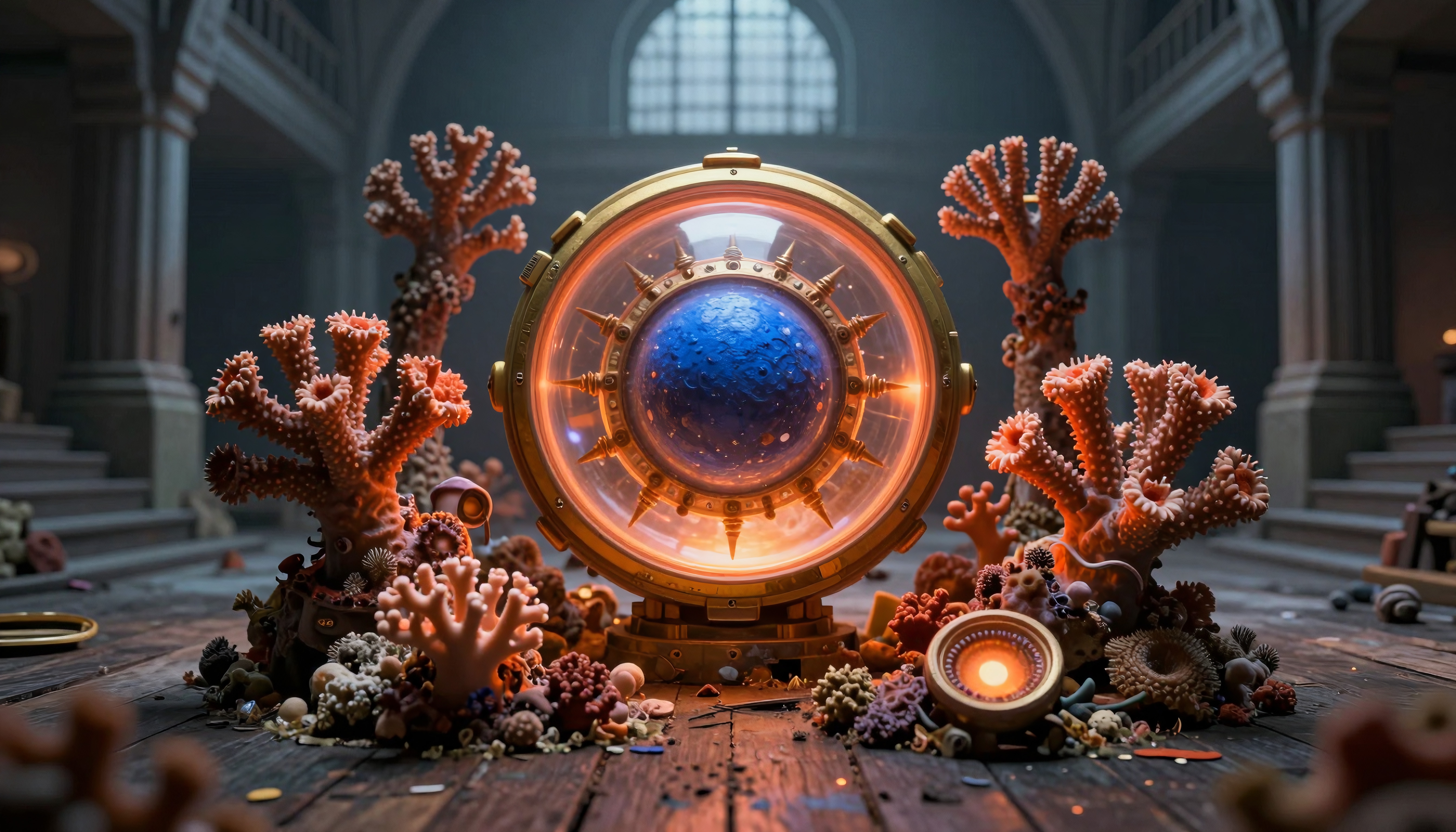 Mystical orb surrounded by coral in an antique chamber setting.