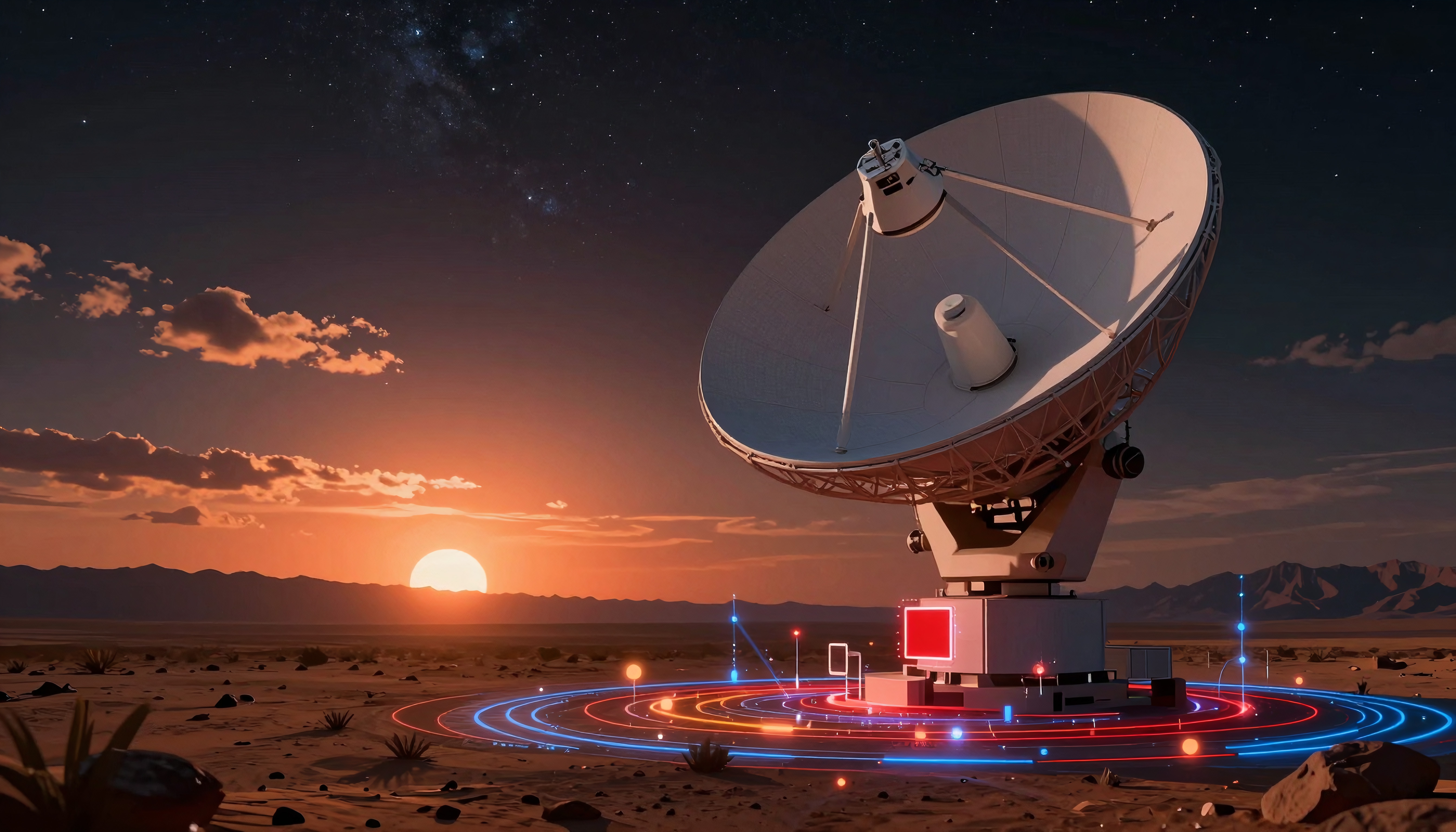 A large satellite dish with glowing light patterns stands in a desert at sunset, illustrating a convergence of technology and natural beauty.