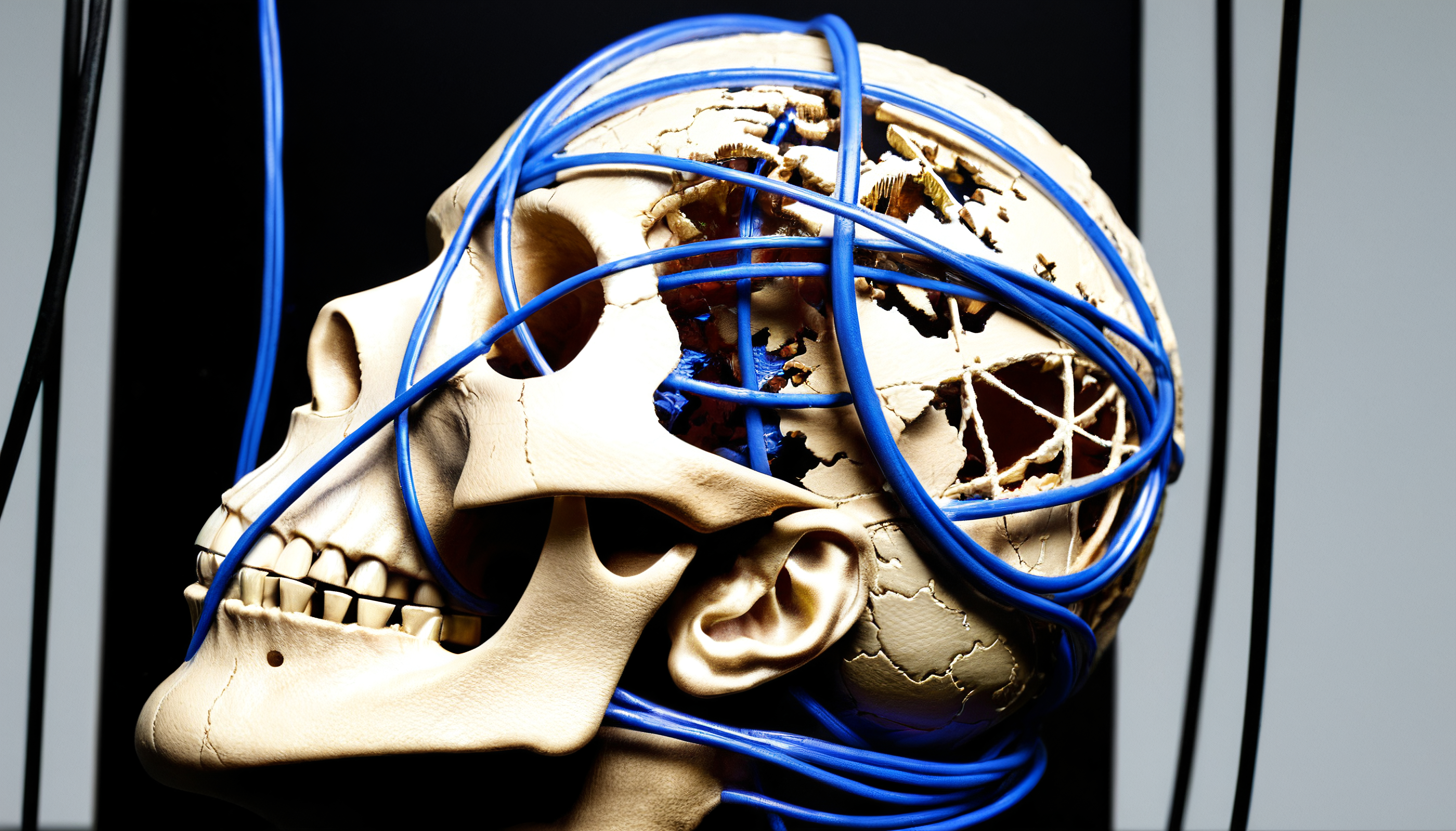 Skull with Blue Cables: Technology and Fragility Concept