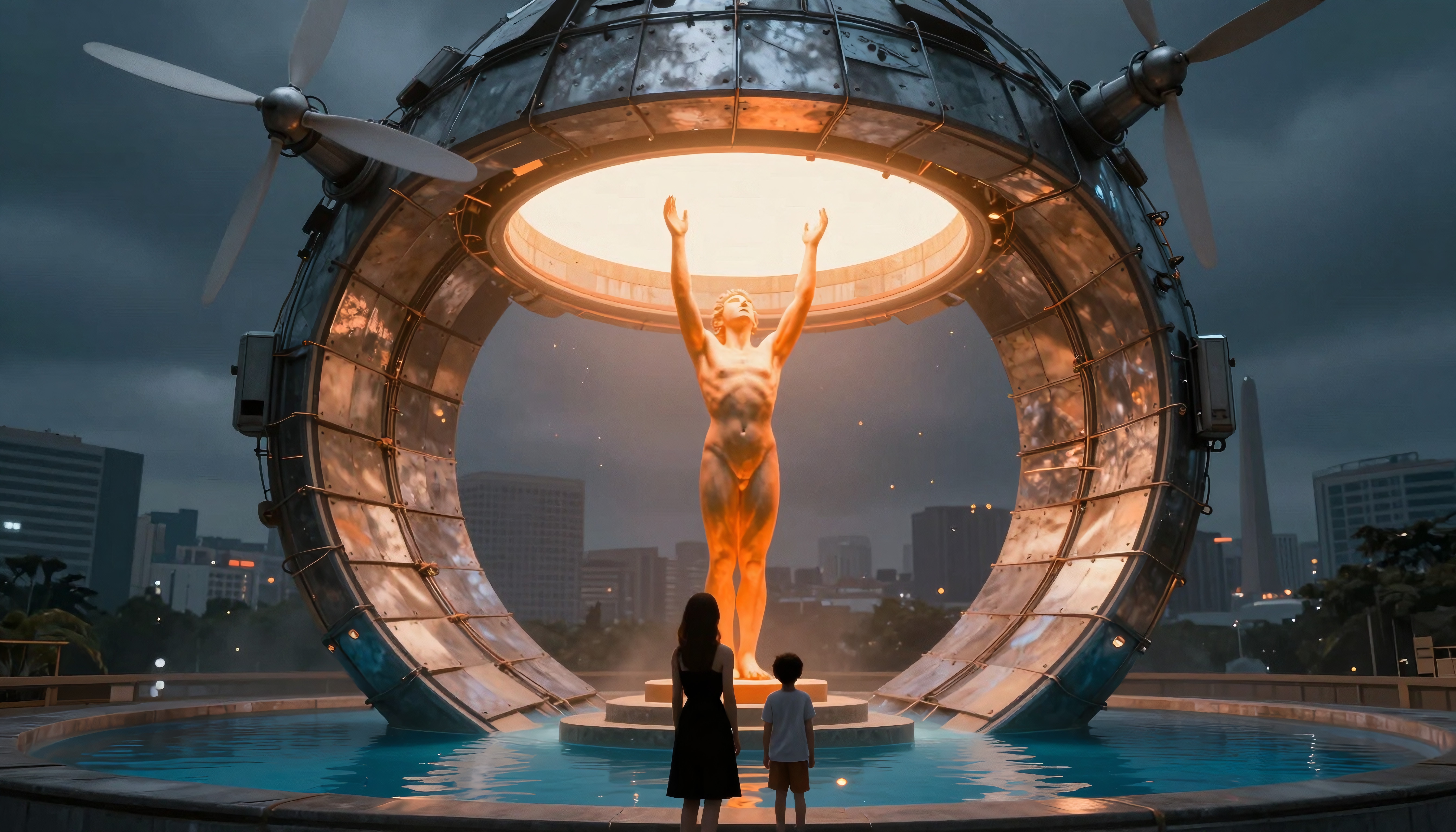 Futuristic sculpture lit within dark cityscape.
