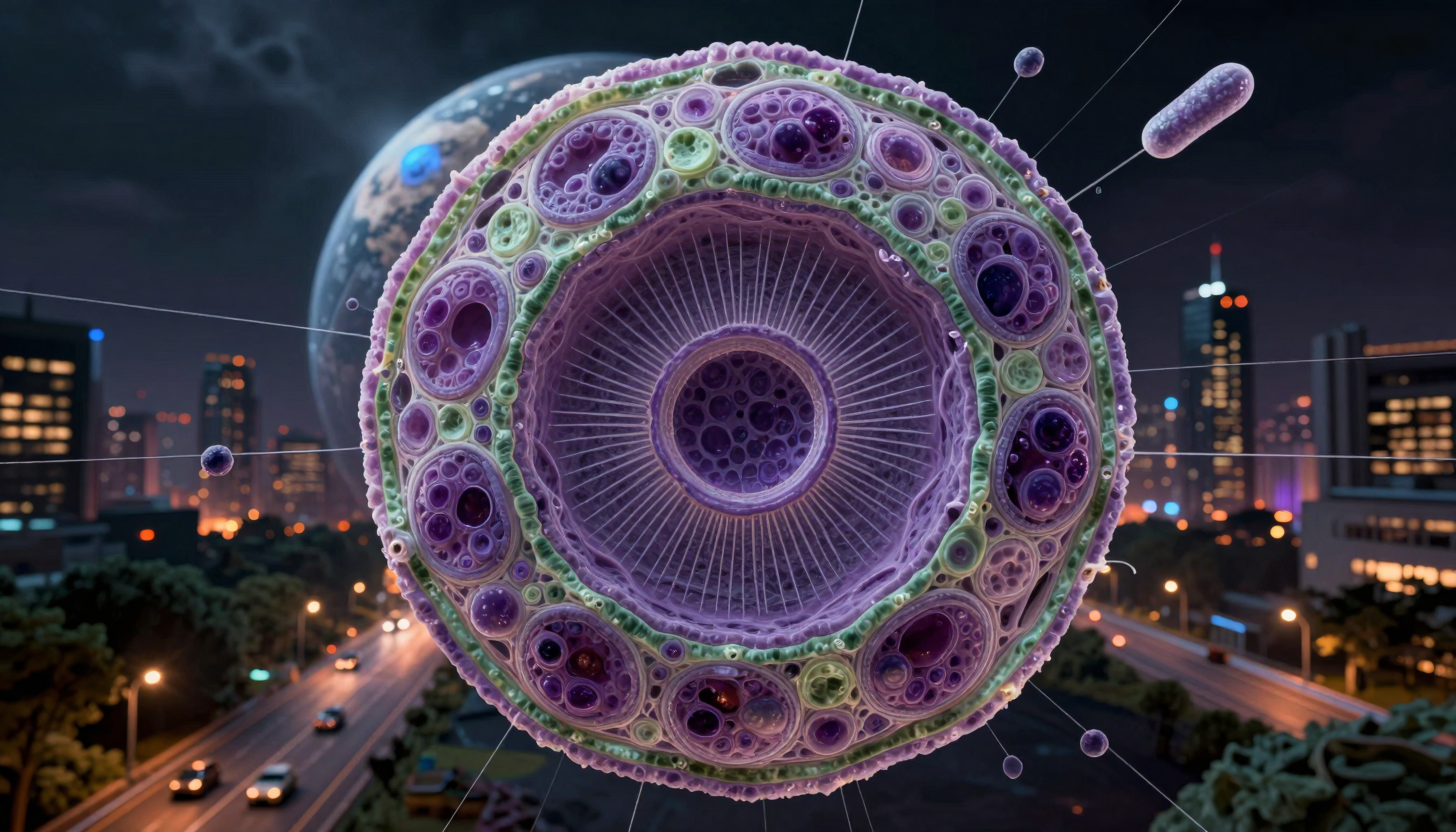 Futuristic Bioluminescent Sphere Over Urban Nightscape with Plan