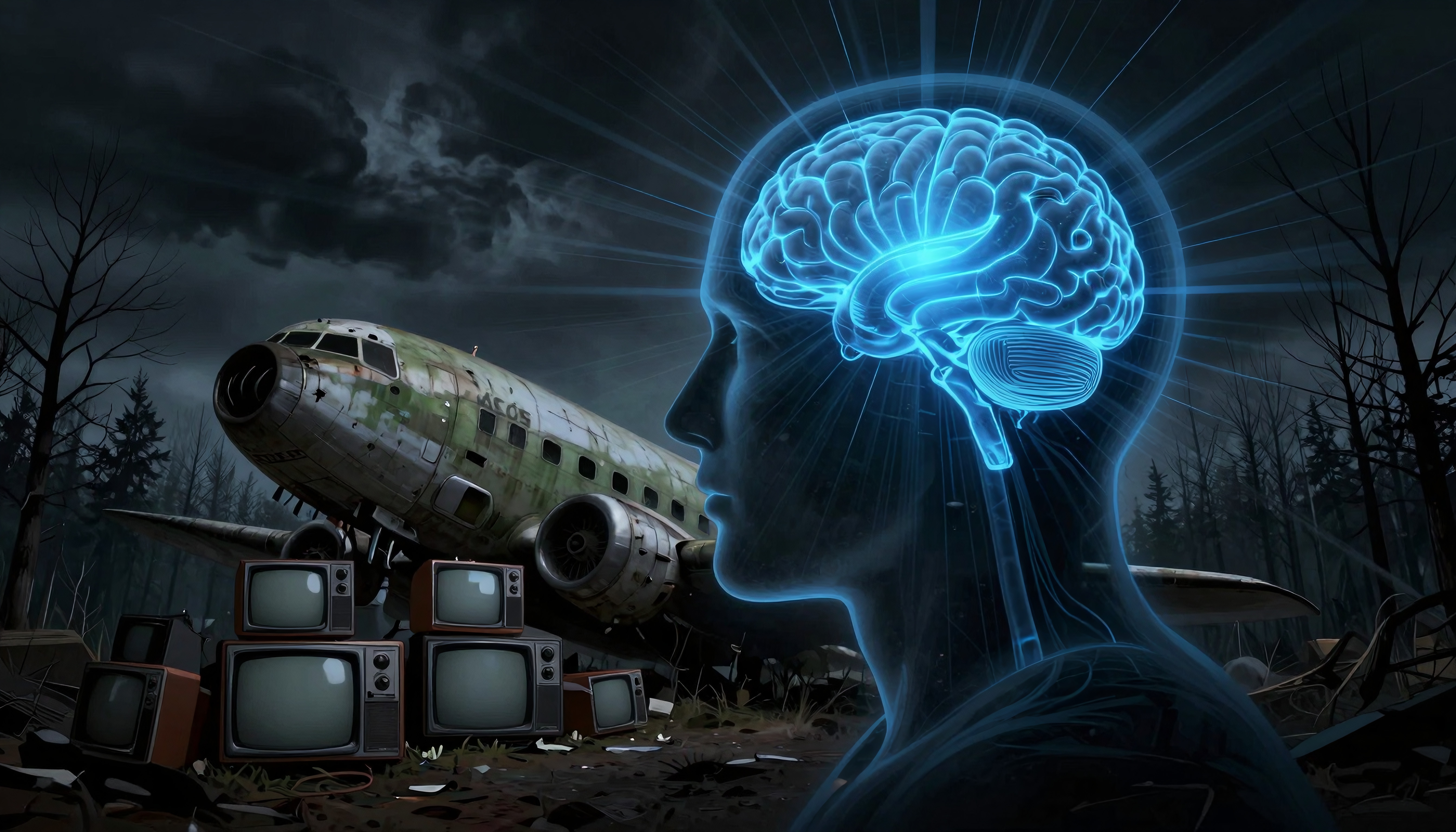 A digital artwork showing a human head with a glowing blue brain alongside an abandoned airplane and stack of vintage televisions in a dark forest.