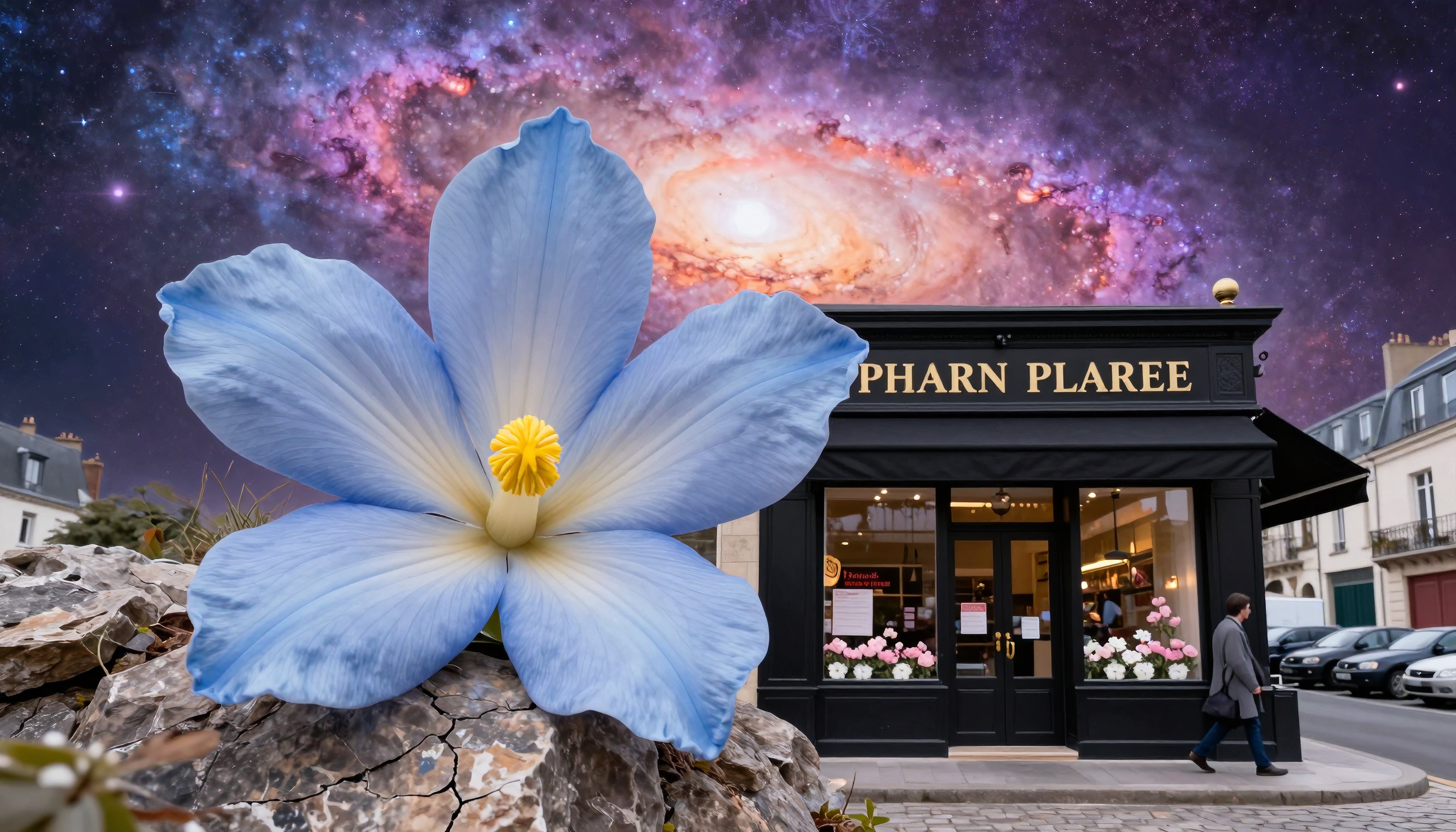 A large blue flower against a galaxy backdrop above a storefront.