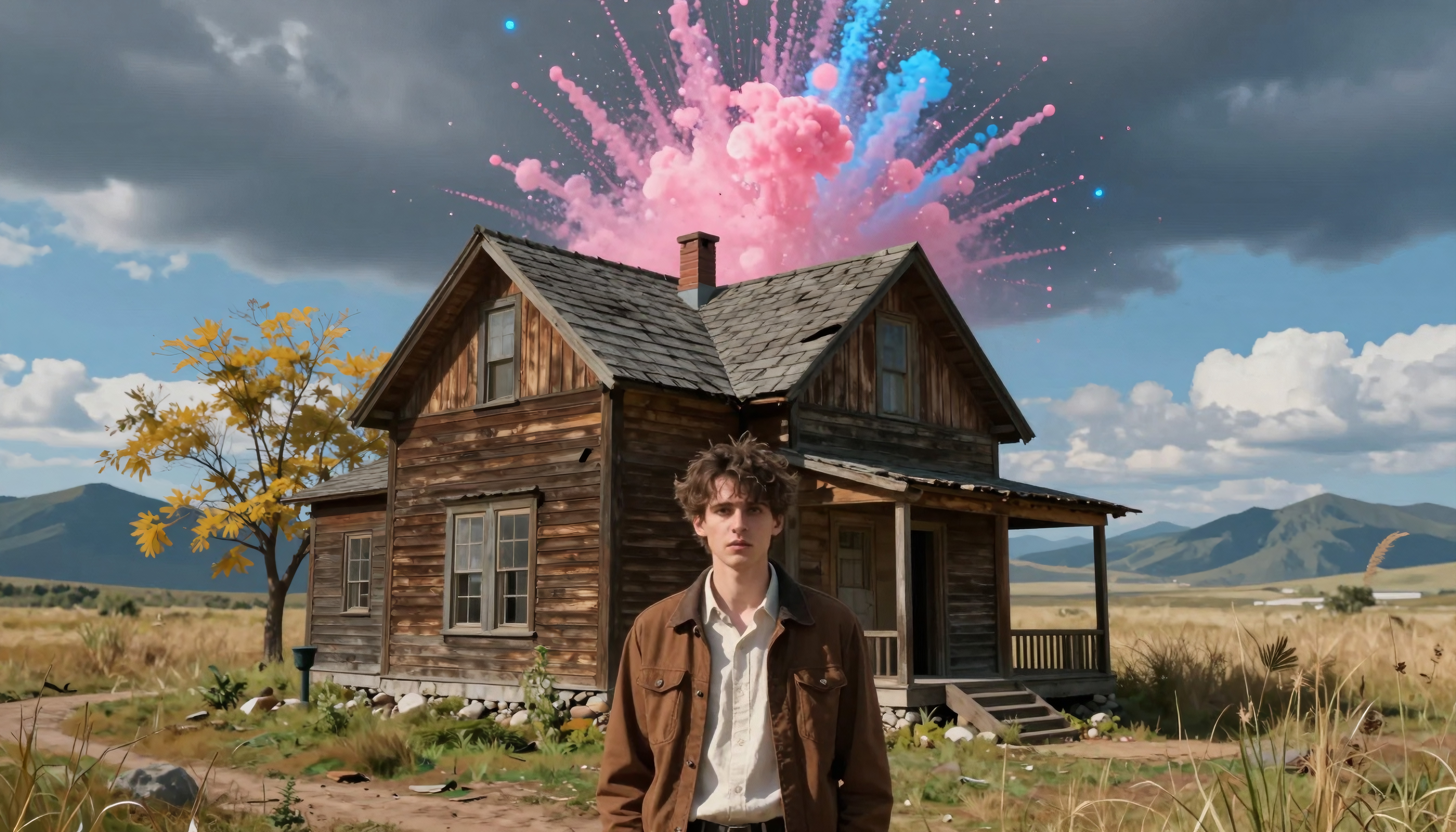 A young person stands before an old house, with vibrant smoke in the background, creating a surreal rural scene.
