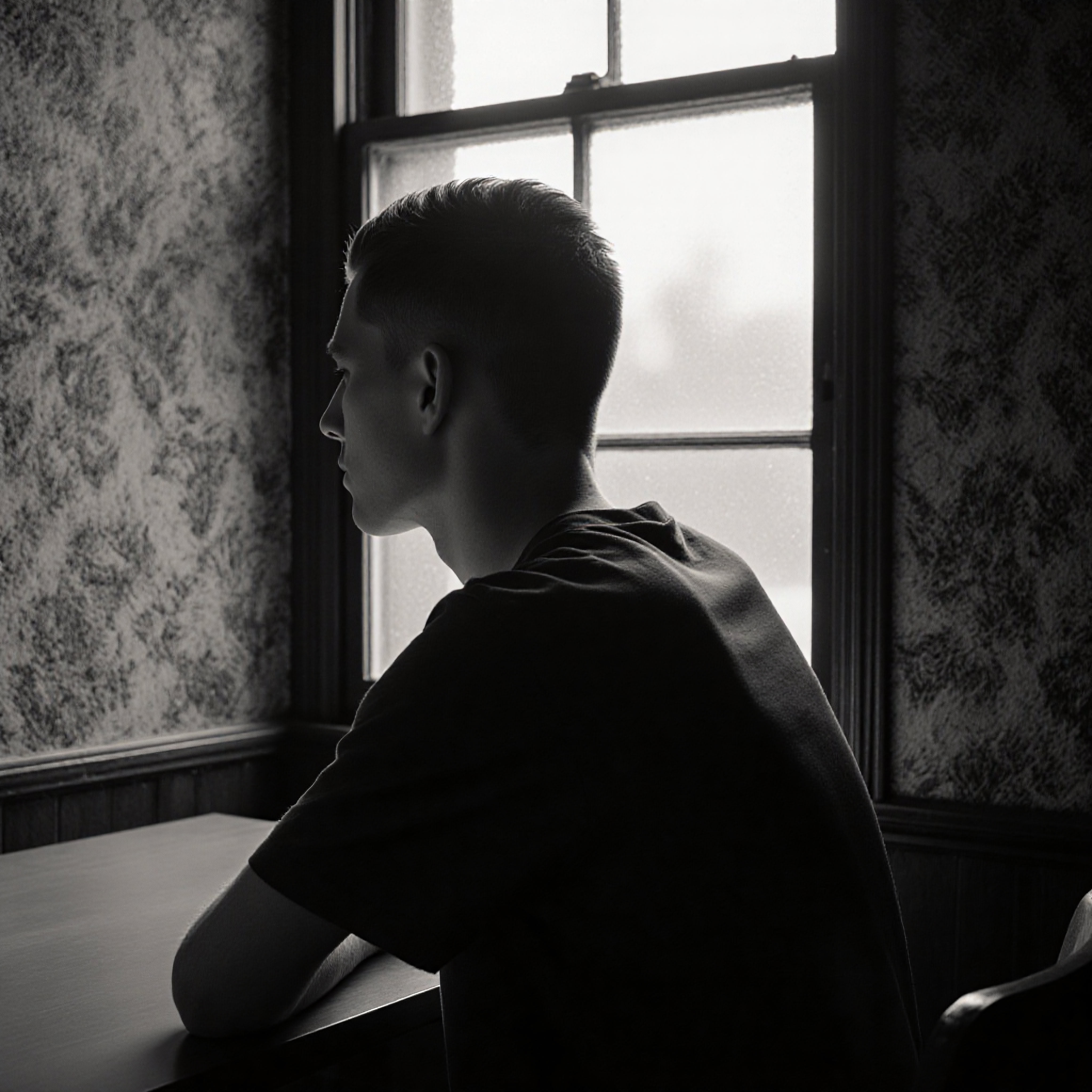 Young man in silhouette sitting by a window in a dimly lit room, conveying introspection and solitude.