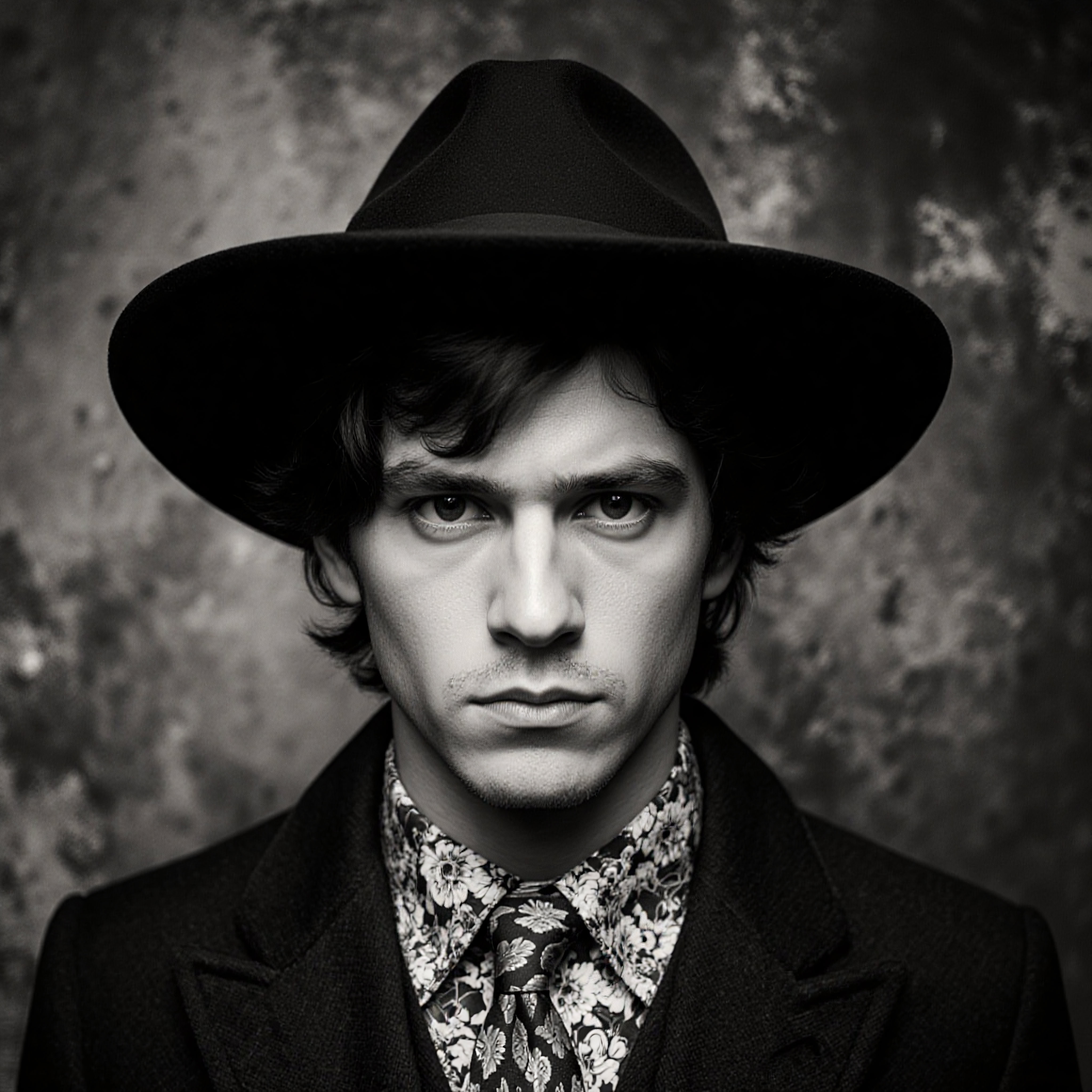 Black and white portrait of a serious man in a wide-brimmed hat and floral shirt.