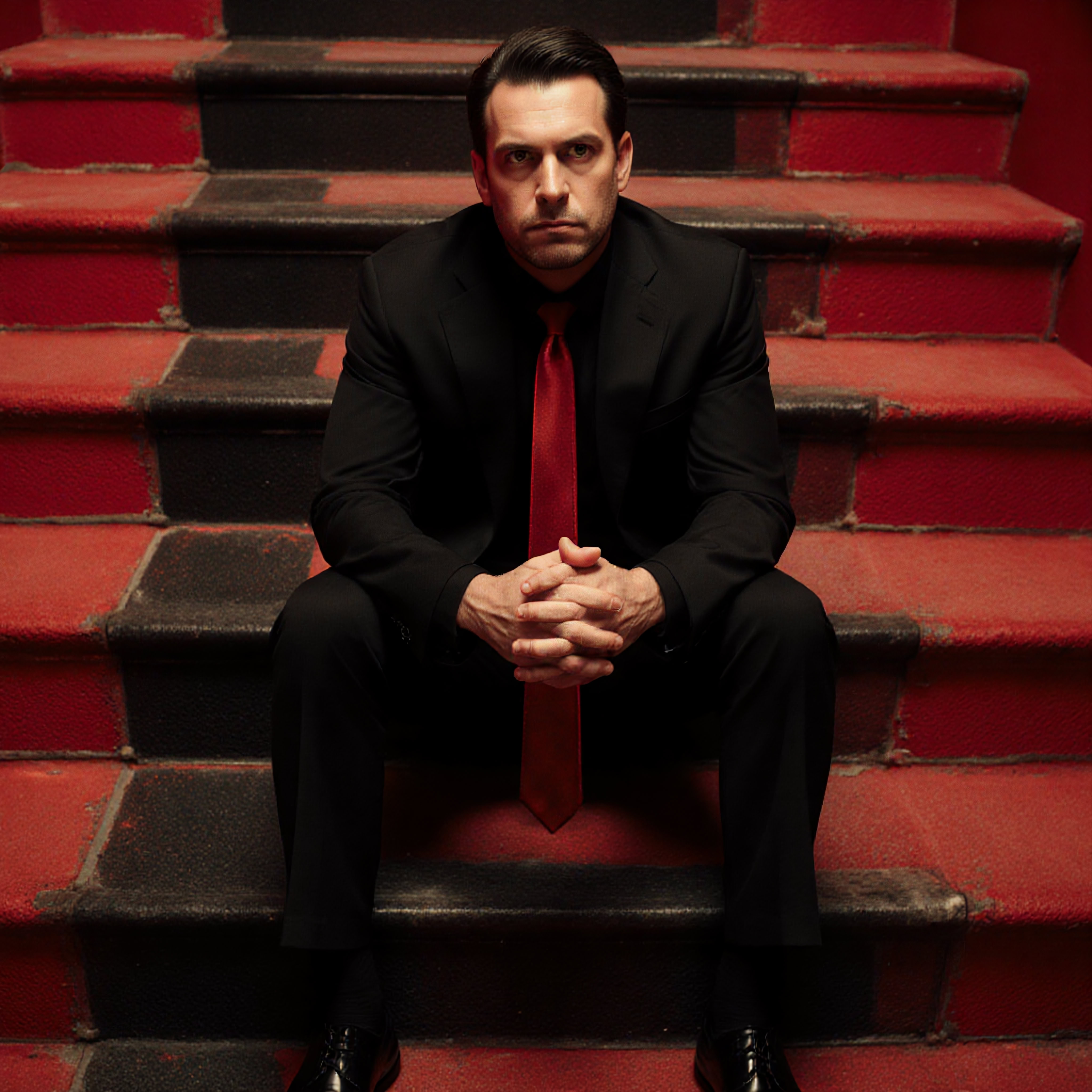 Man on red staircase contemplating