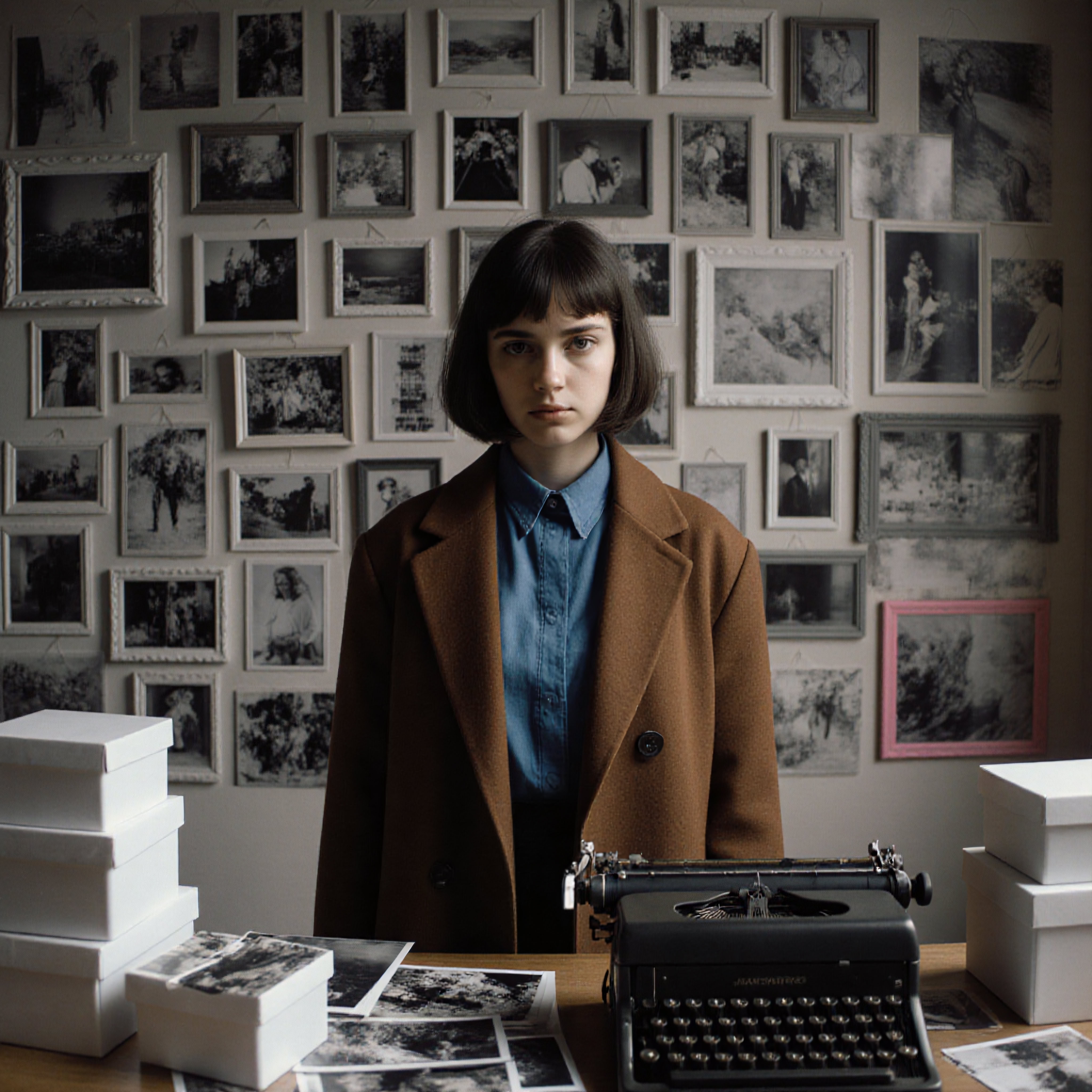 A woman stands before a wall of framed photos, beside a typewriter and boxes.