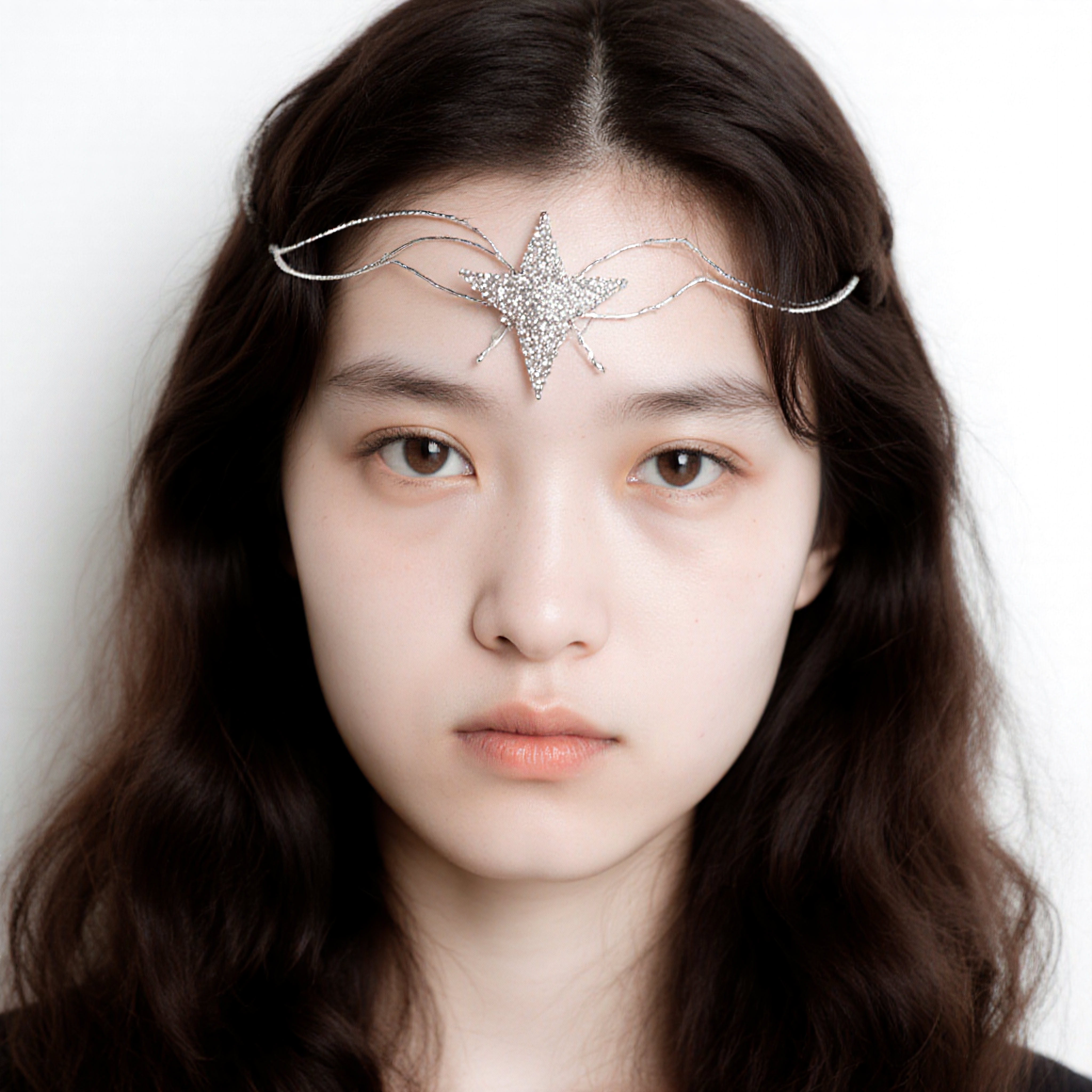 A young woman with dark hair and a sparkling star-shaped ornament on her forehead gazes calmly at the camera against a soft white background.