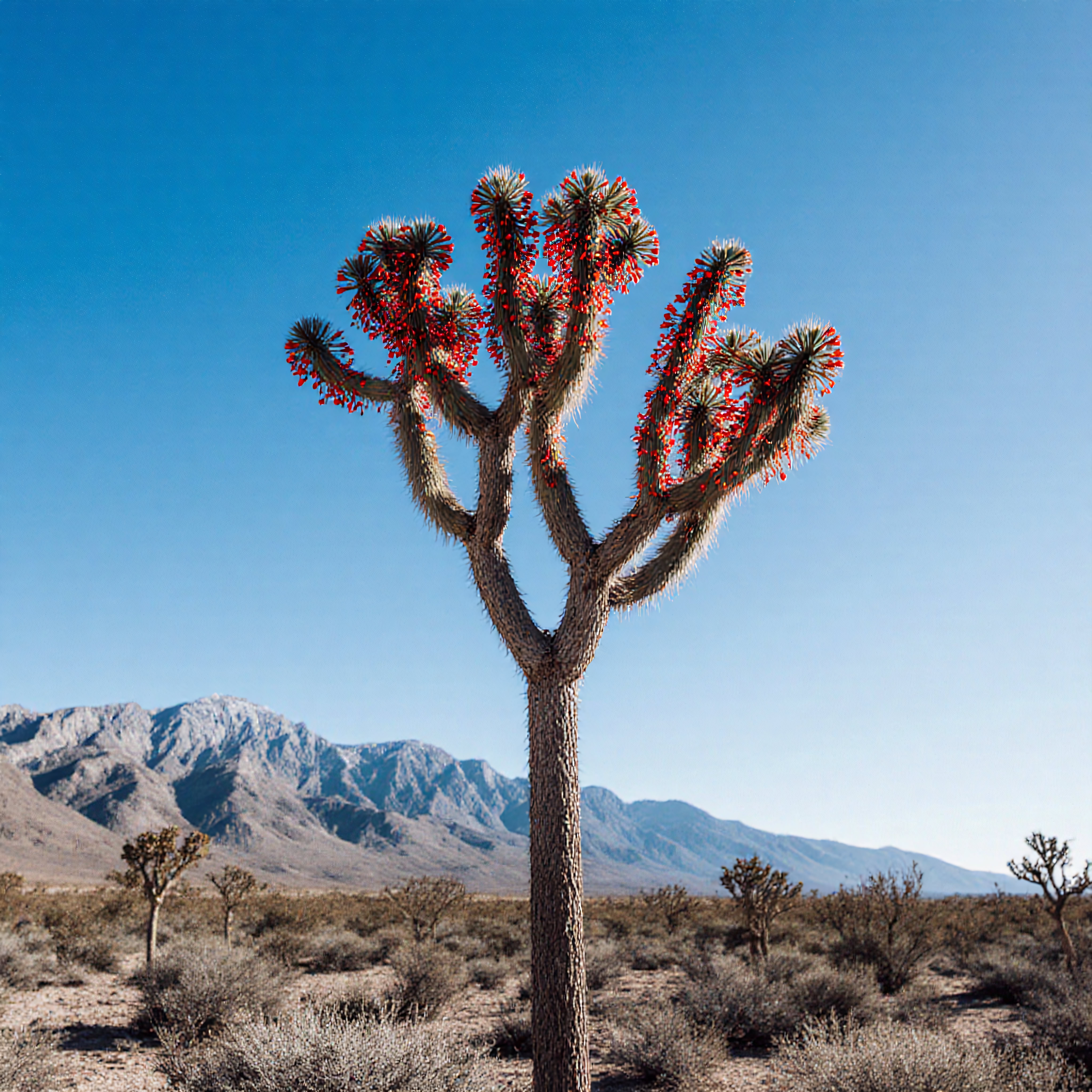 A Joshua tree in a desert landscape with red blossoms against a mountain backdrop and blue sky.