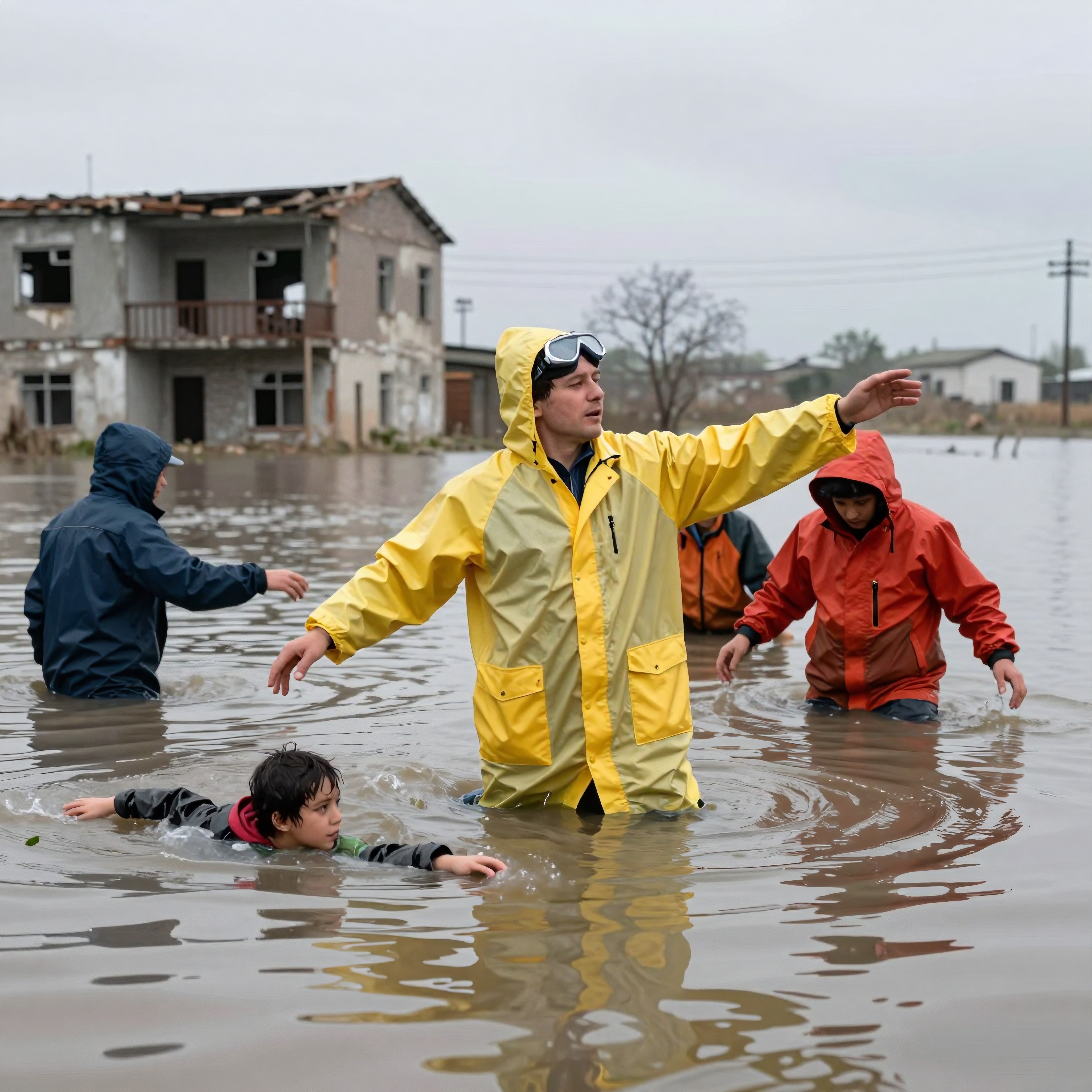 People wading through floodwaters in raincoats.