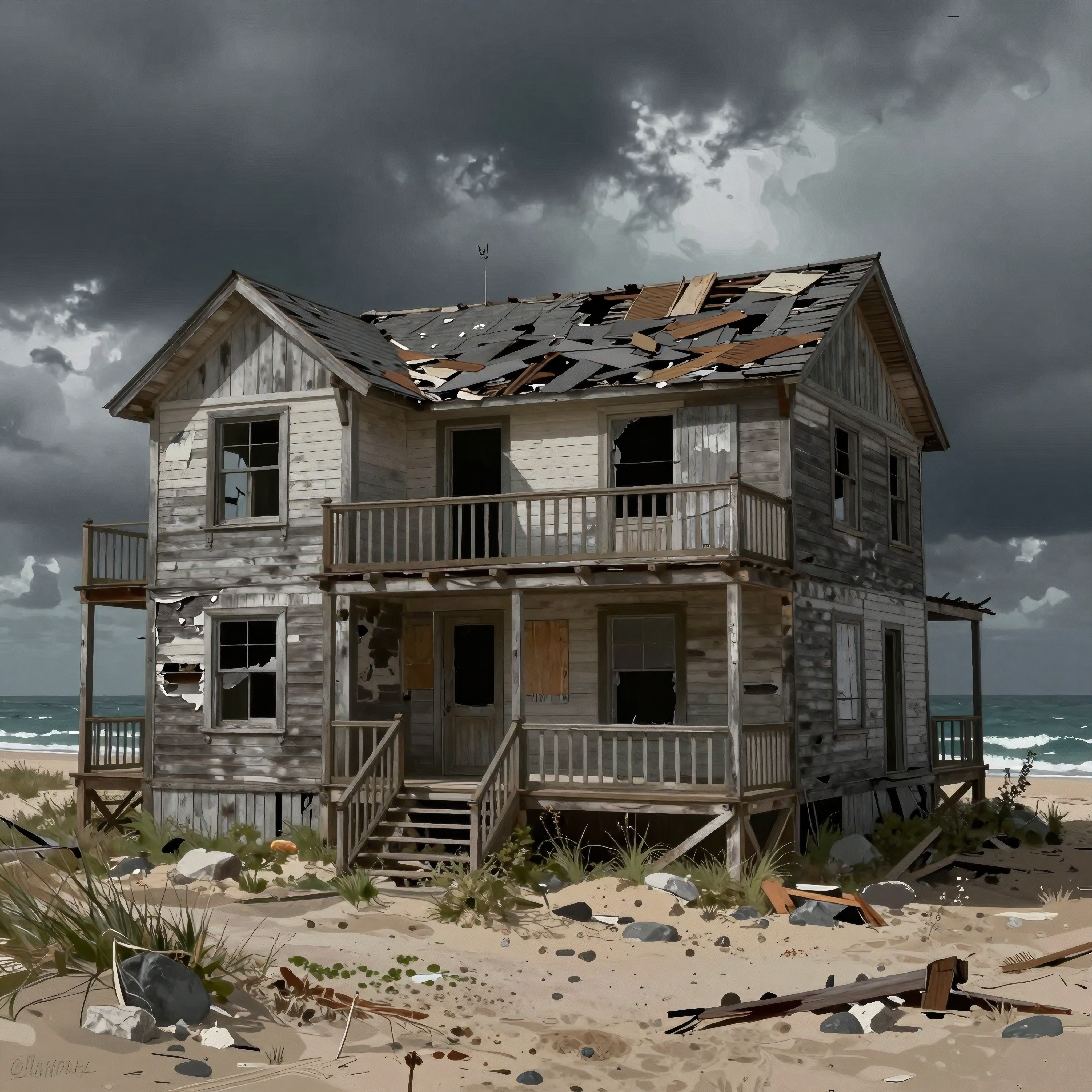 Abandoned weathered house on desolate beach with stormy sky.