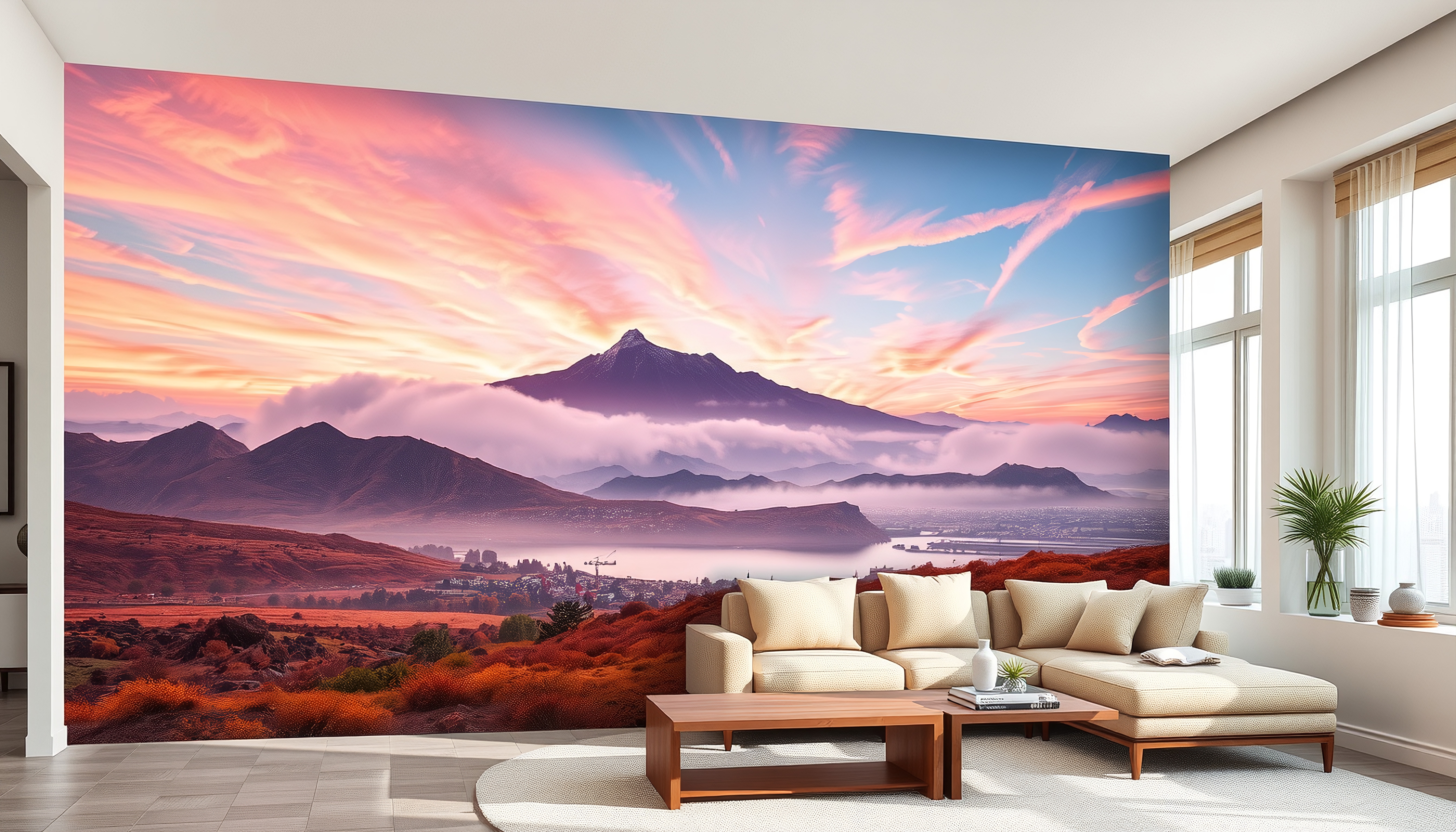 Modern living room with mountain landscape mural.