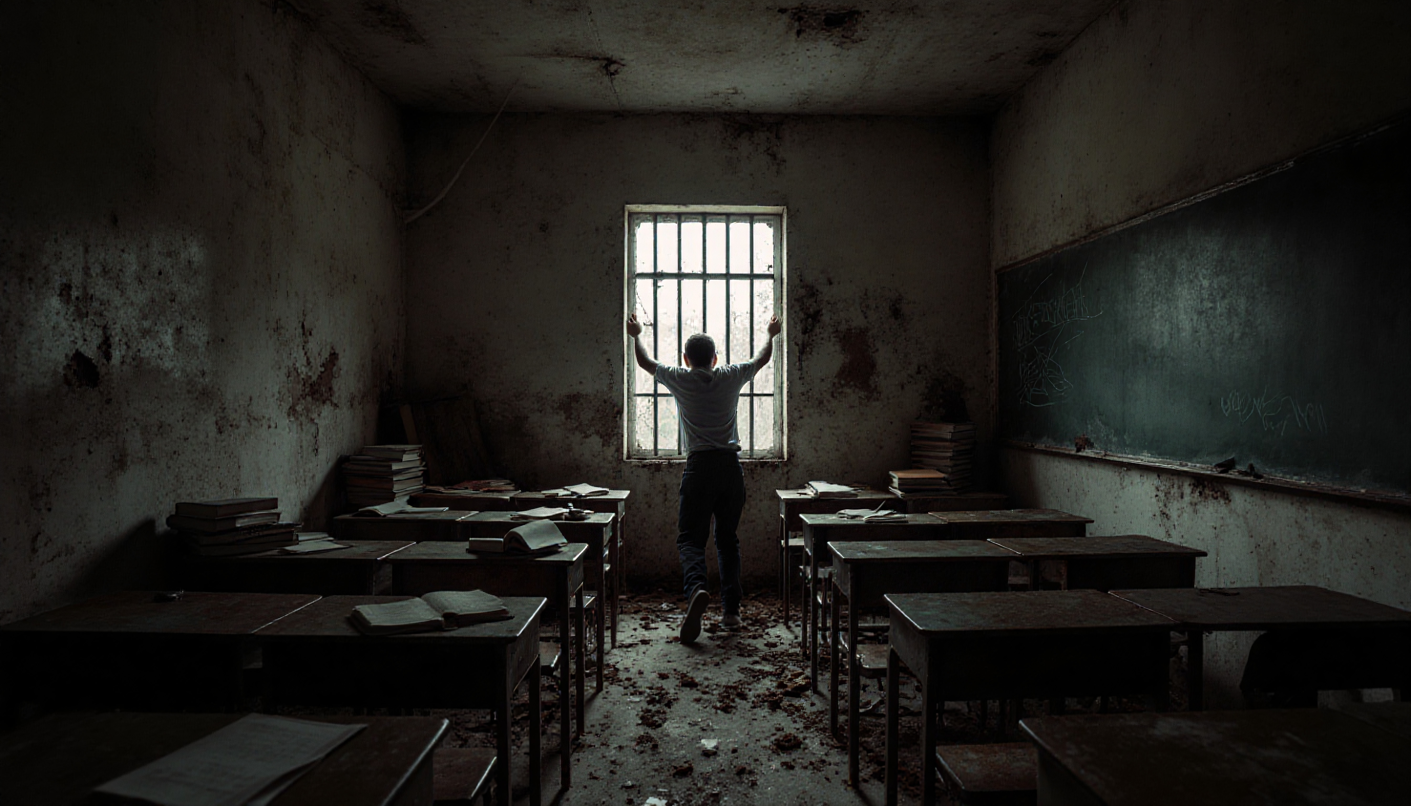 A child stands at a barred window in an abandoned, dusty classroom.