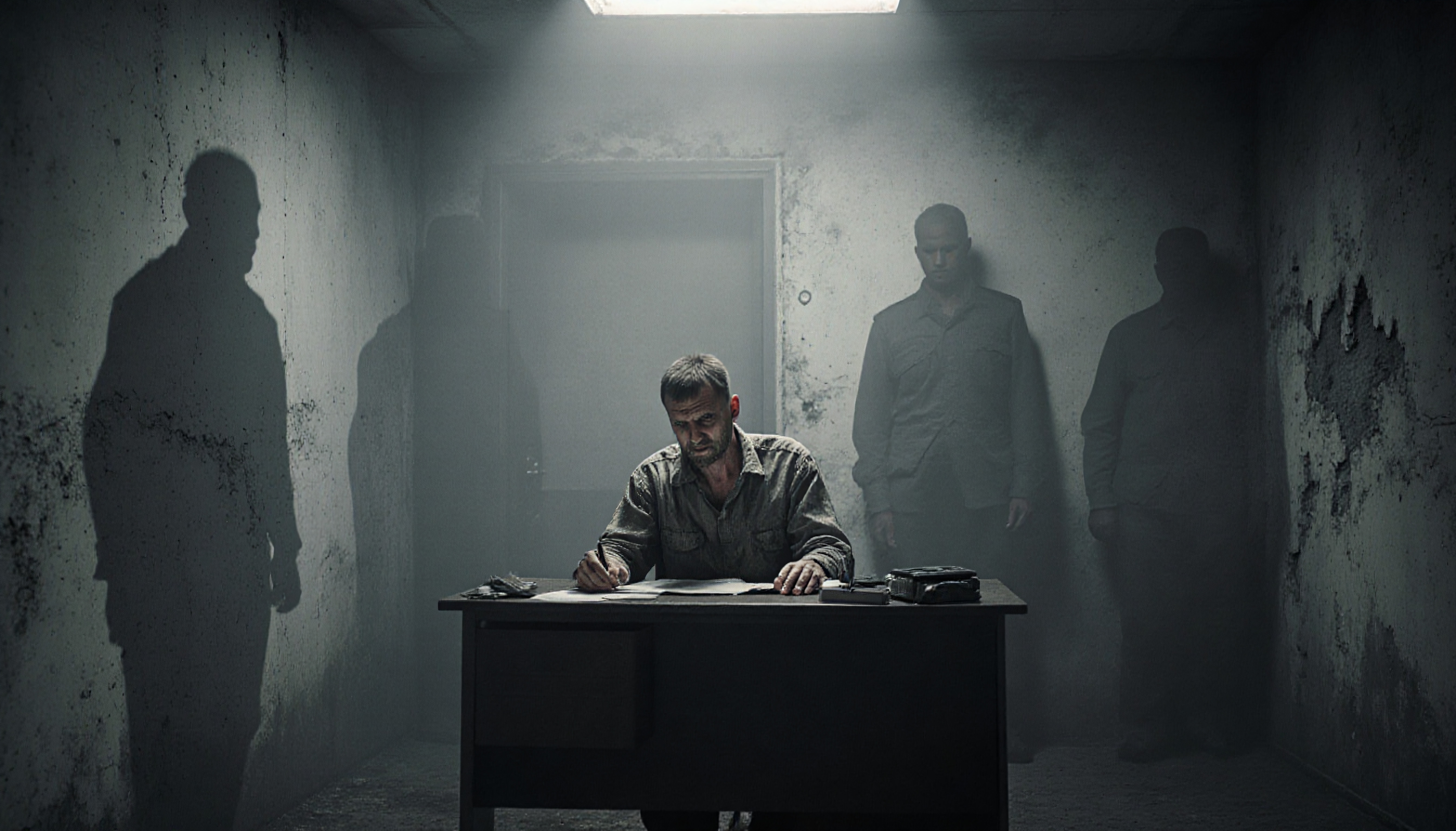 A man intensely writing at a desk in a dimly lit room with shadows.