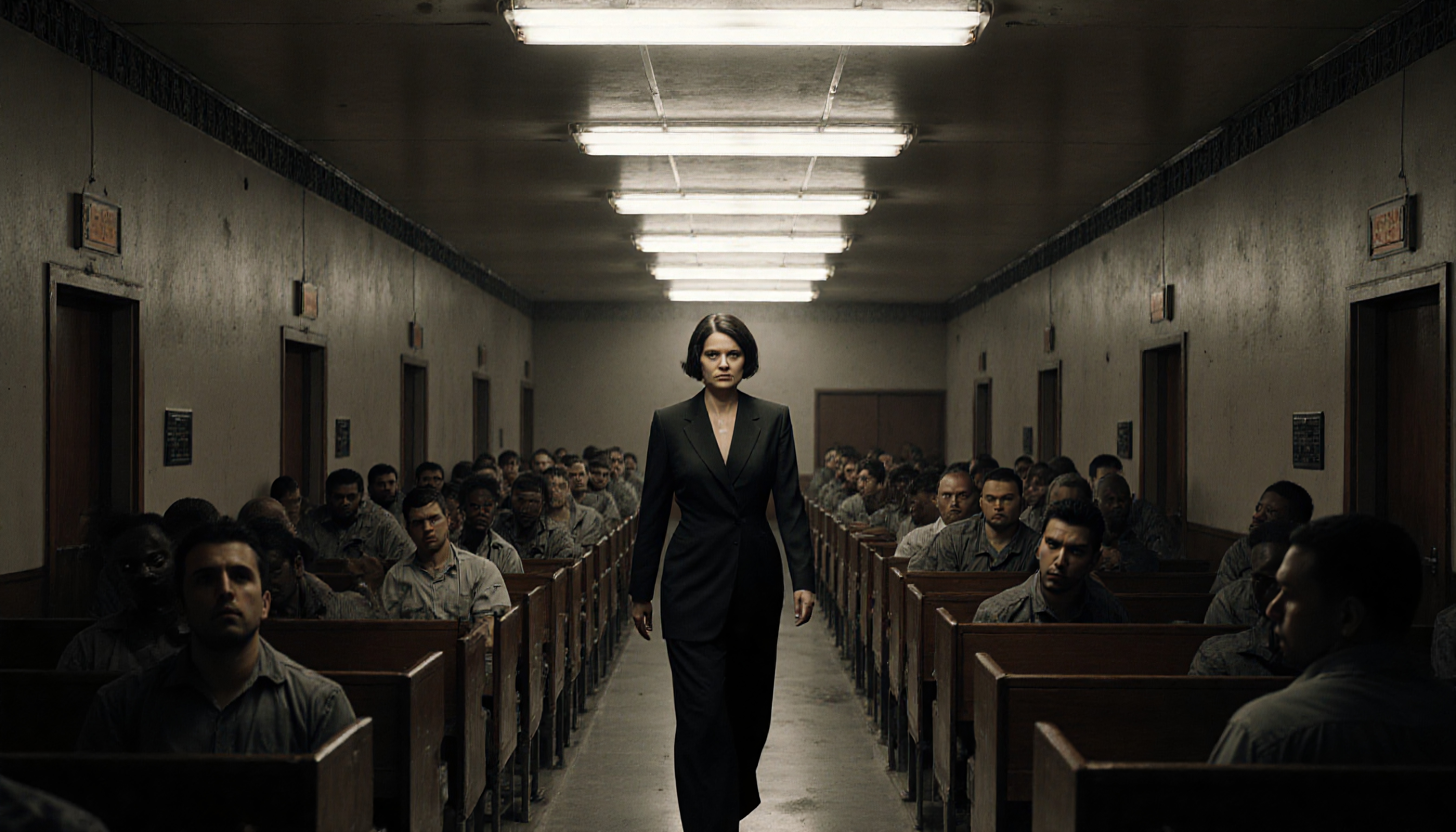 A woman in a black suit confidently walks down an aisle filled with seated individuals in a dimly lit institutional setting.