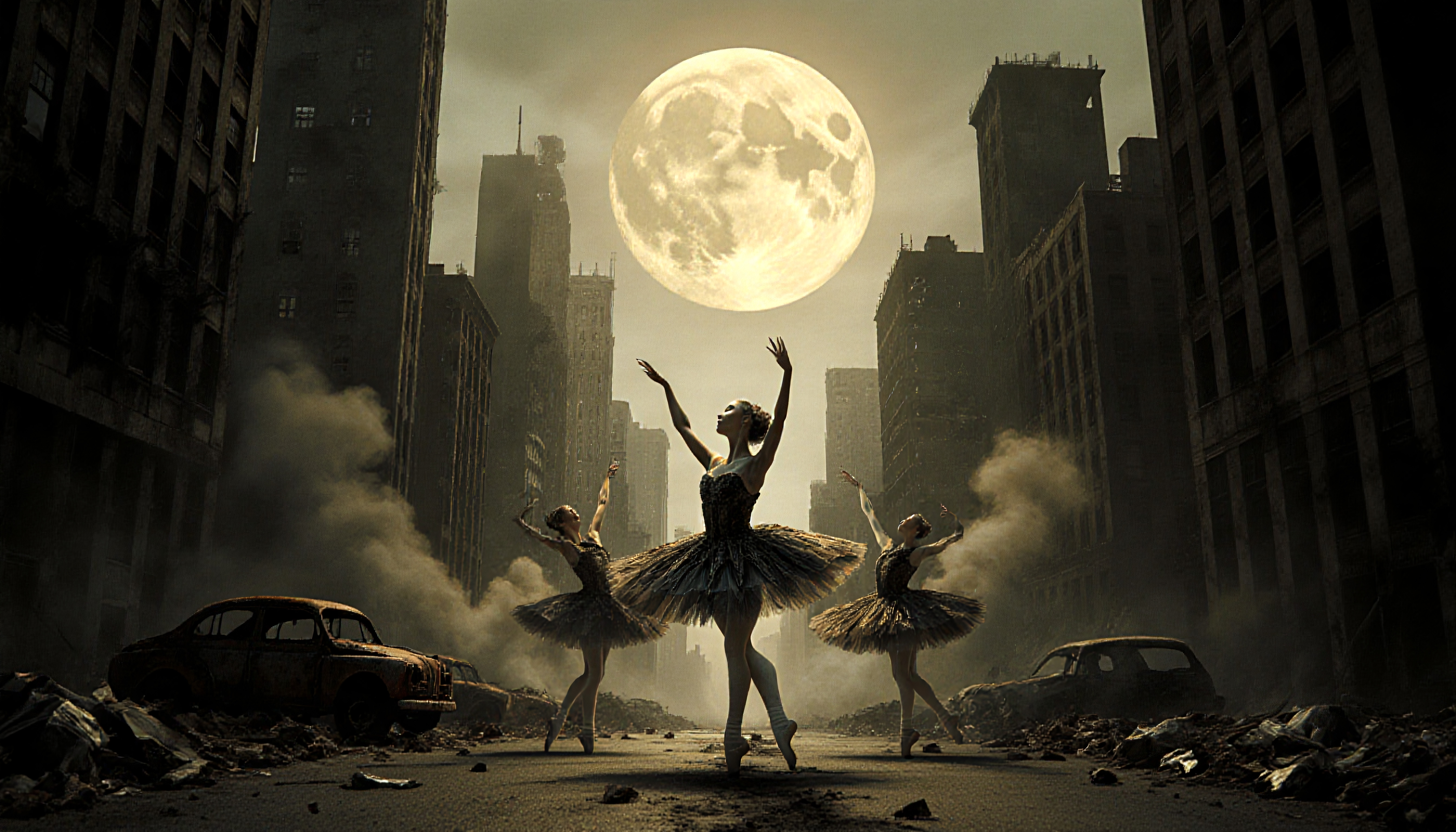 Three ballet dancers perform in an abandoned city street illuminated by the full moon's glow.