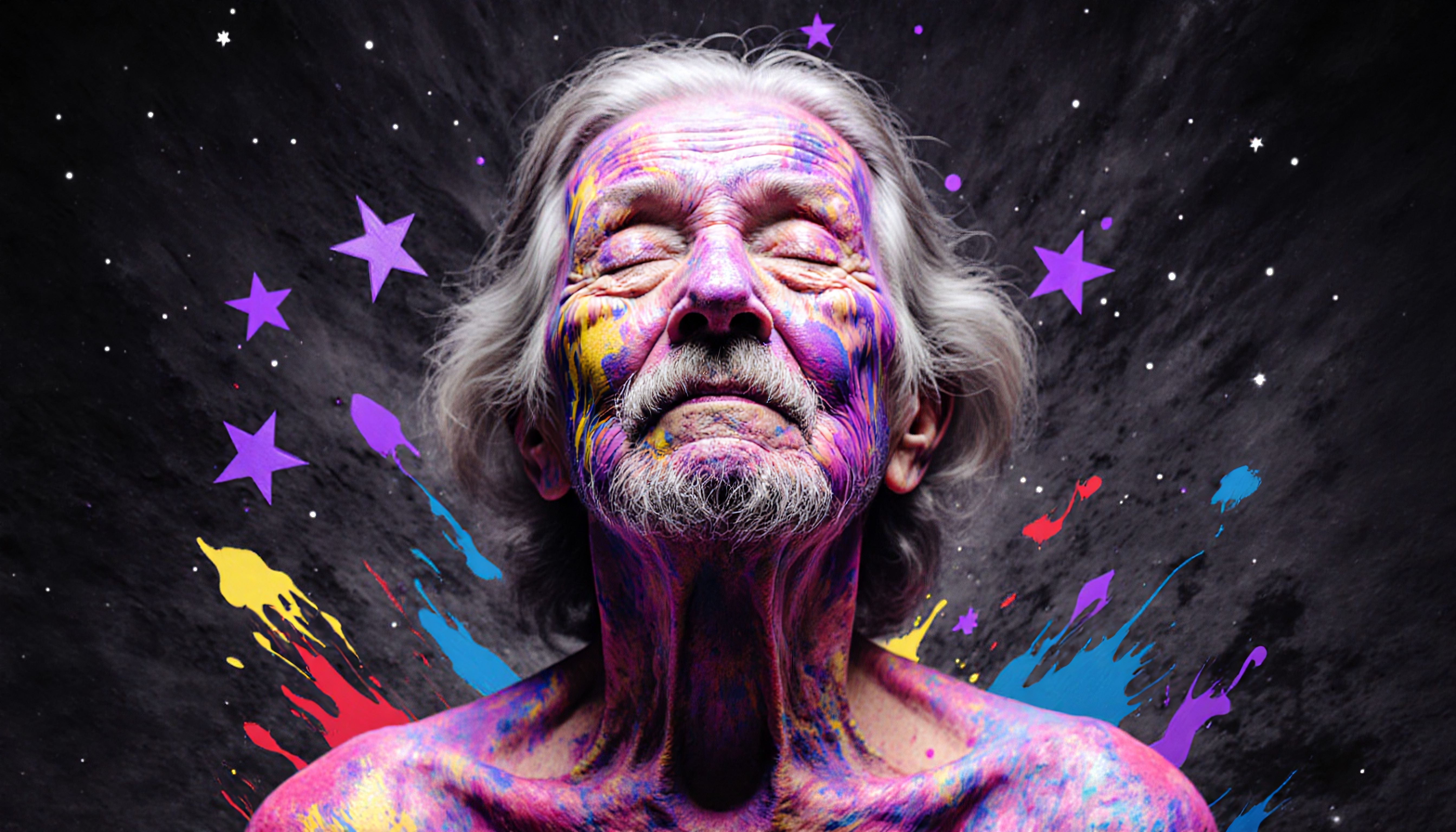 Cosmic-themed portrait of an elderly man covered in vibrant paint with a serene expression against a starry background.