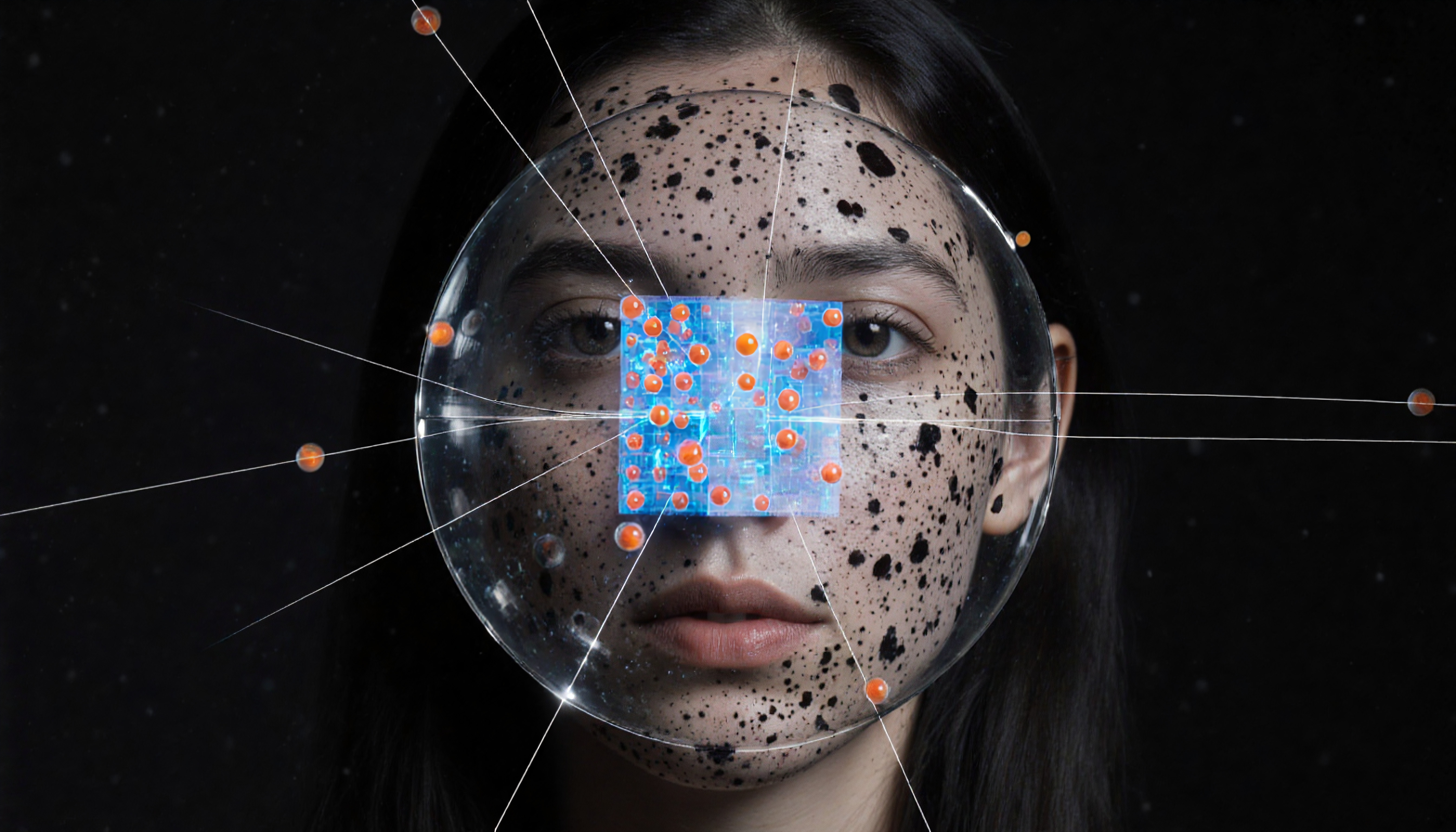 A woman's face with digital, spherical, and molecular overlay, artistically intertwining futuristic and cosmic themes.