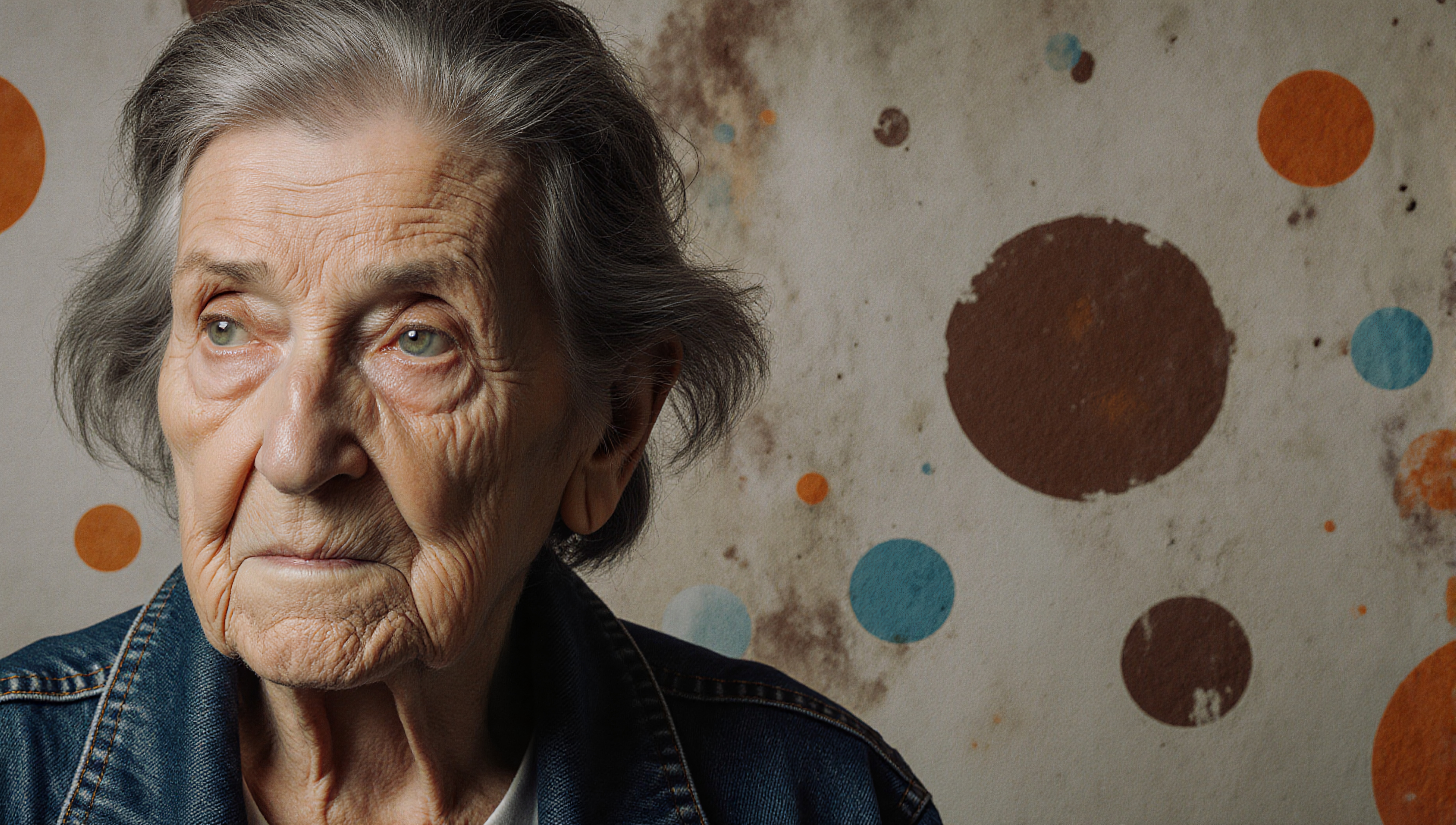 Portrait of an elderly woman in a denim jacket, looking thoughtful against a background of colorful polka dots.