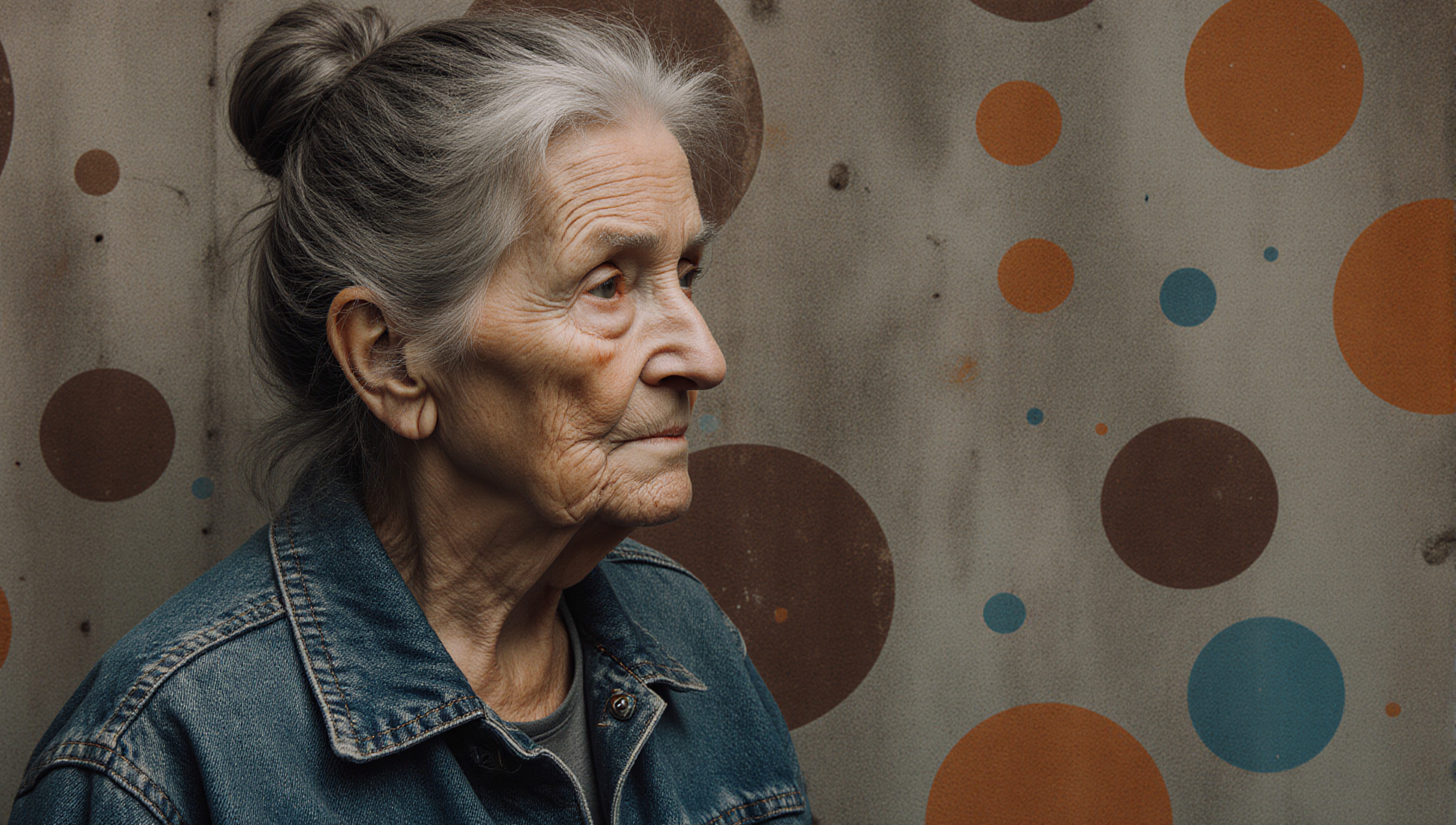 An elderly woman with gray hair in a bun, wearing a denim jacket, stands in profile against a textured, patterned background with colorful circles.