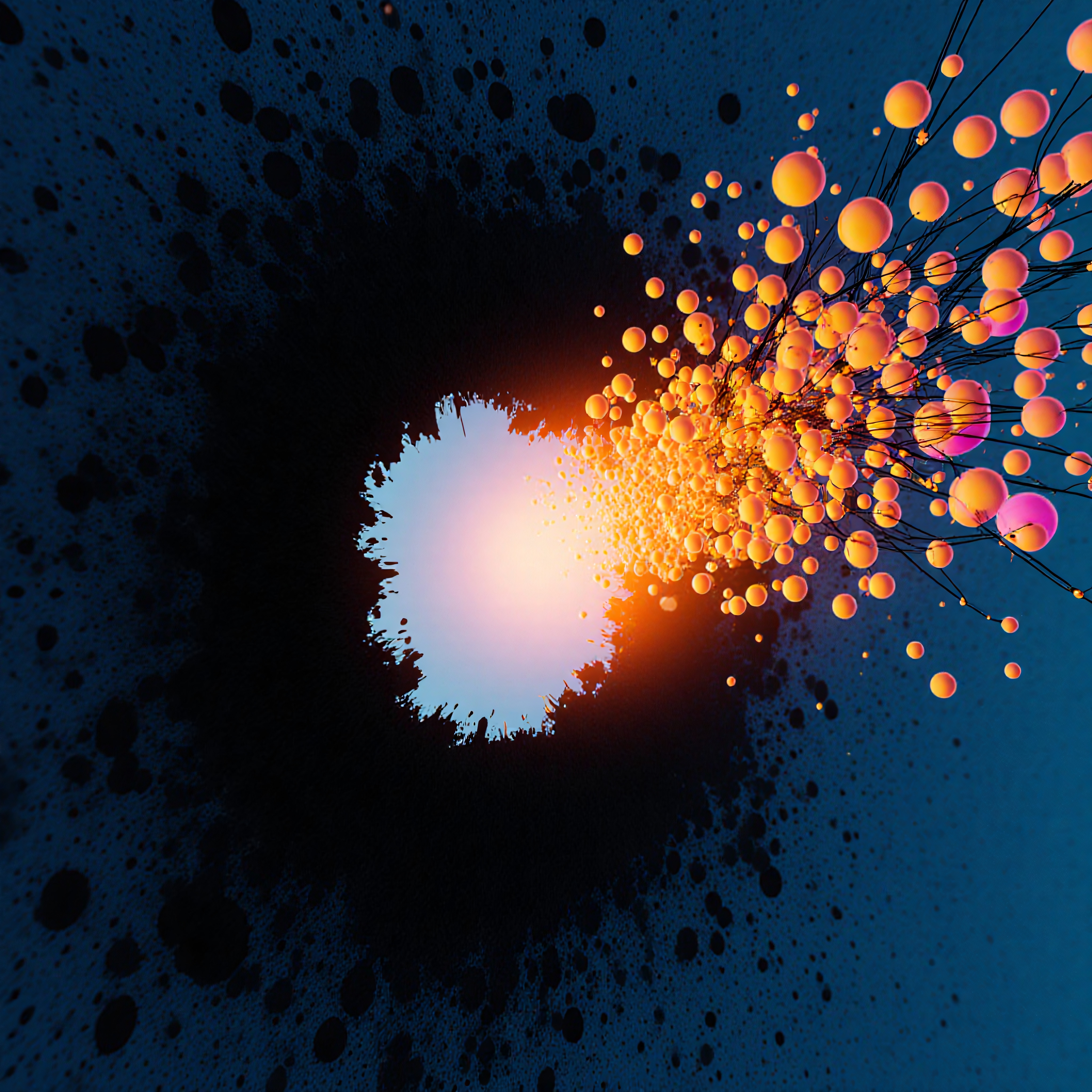 A surreal abstract composition of orange spheres, blue light, and black texture.
