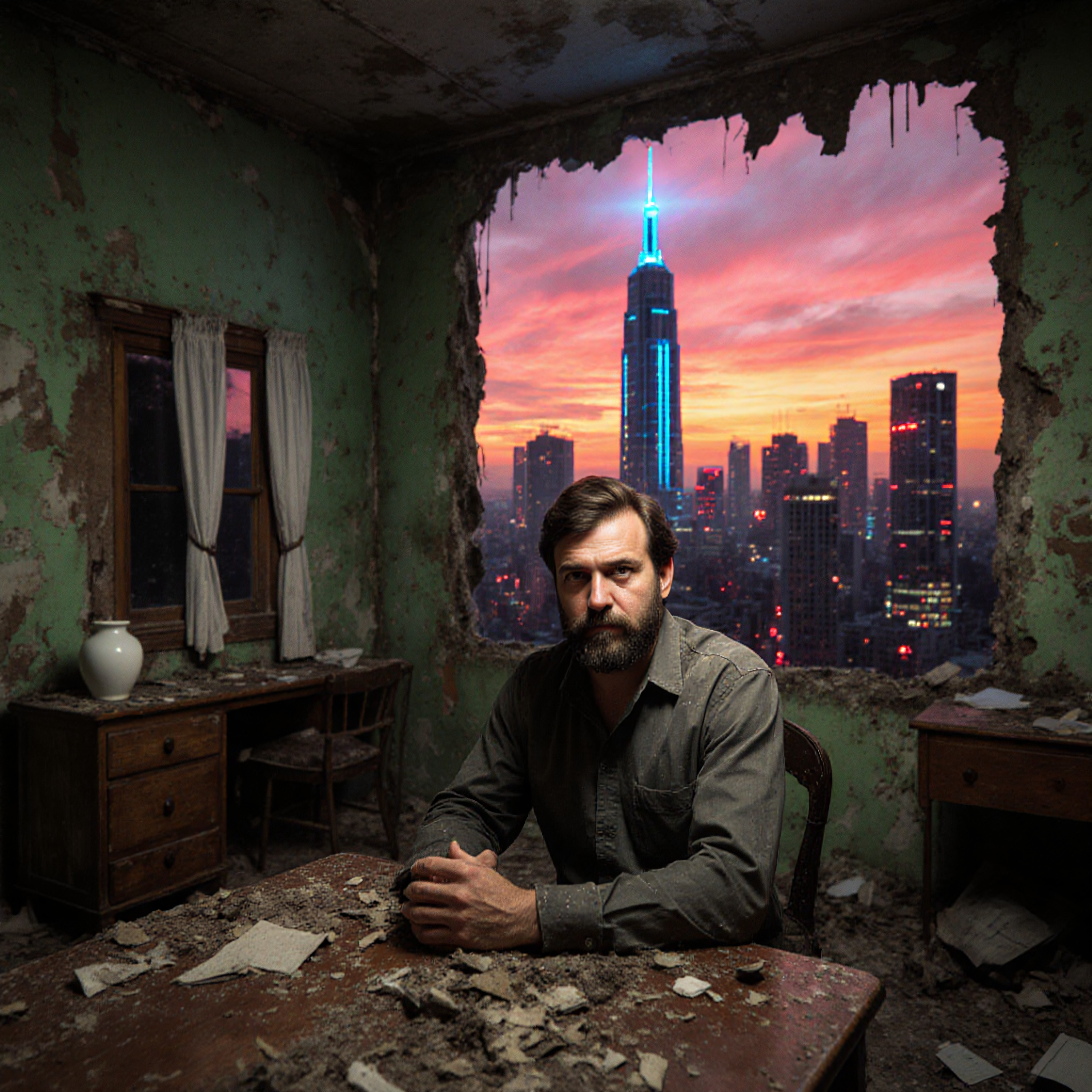 Dilapidated room with peeling green walls, wooden desk, seated man, large wall opening showing NYC skyline and Empire State Building at sunset