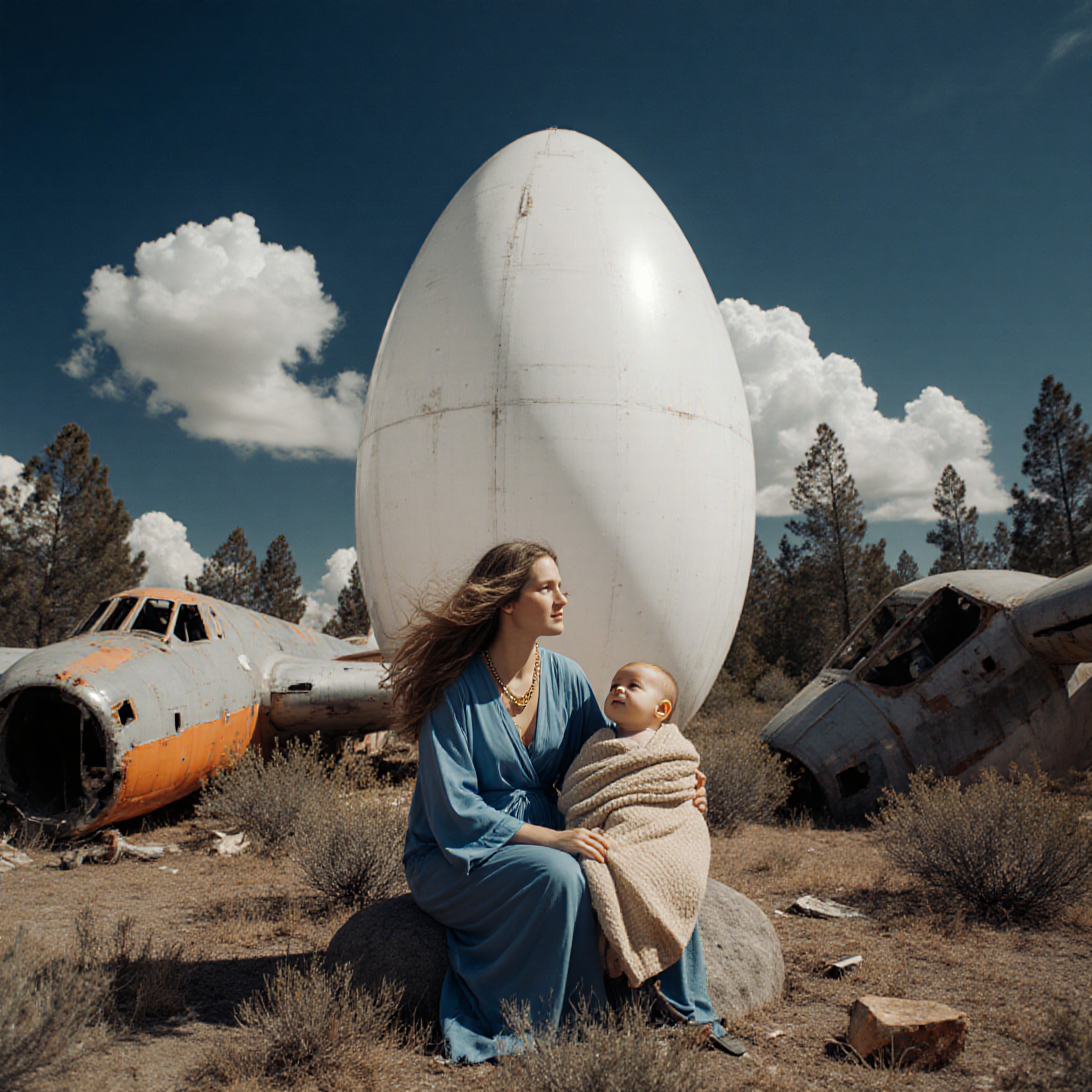 A woman and baby sit outdoors near old airplanes with a large egg-shaped structure in a peaceful scene.
