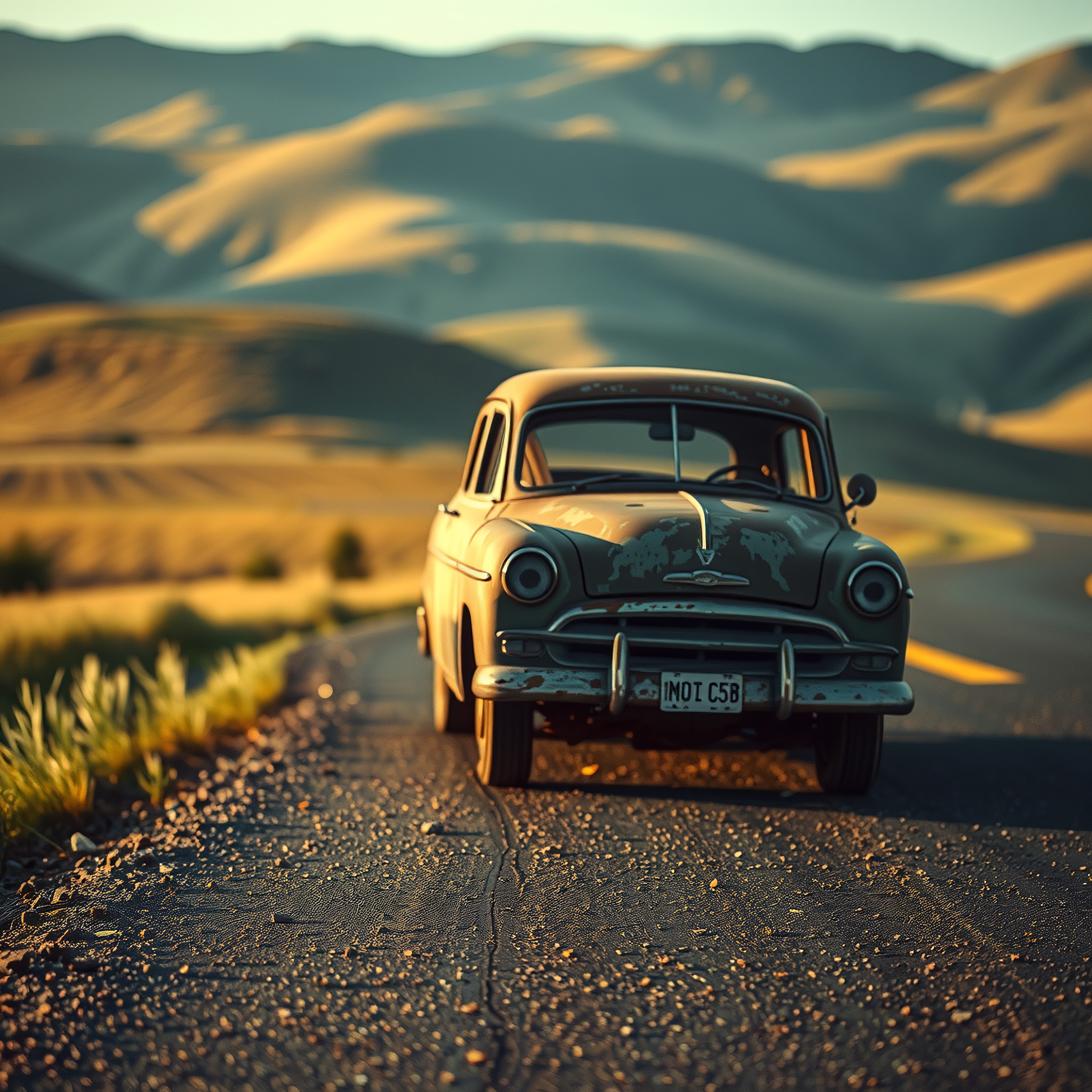 A vintage car travels a winding road through sunlit hills.